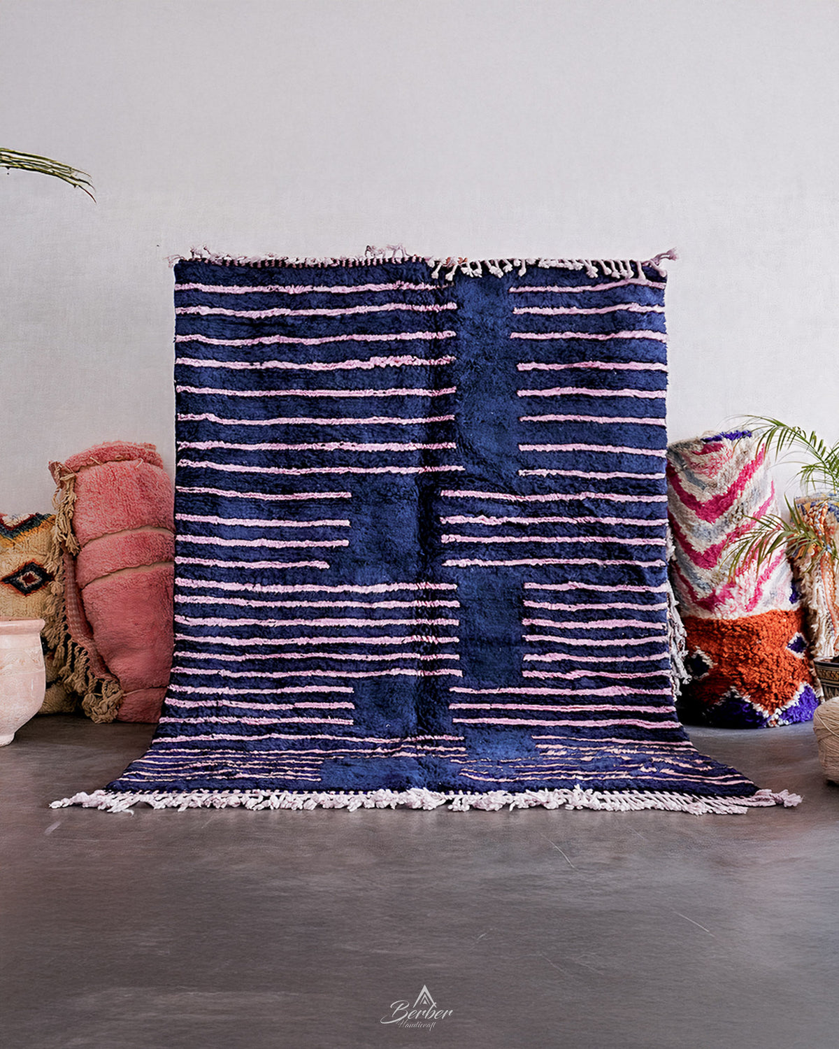 Blue Pink Berber Rug 3 X 5 Ft | 90 X 150 Cm / With Tassels / Short (0.4” / 1 cm)