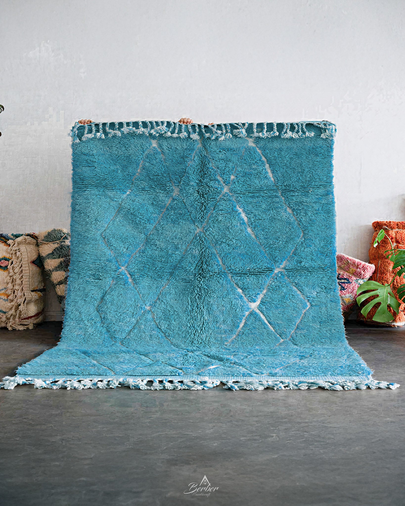 Blue Trellis Rug 3 X 5 Ft | 90 X 150 Cm / With Tassels / Short (0.4” / 1 cm)