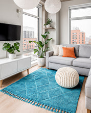 Blue Trellis Rug 3 X 5 Ft | 90 X 150 Cm / With Tassels / Short (0.4” / 1 cm)