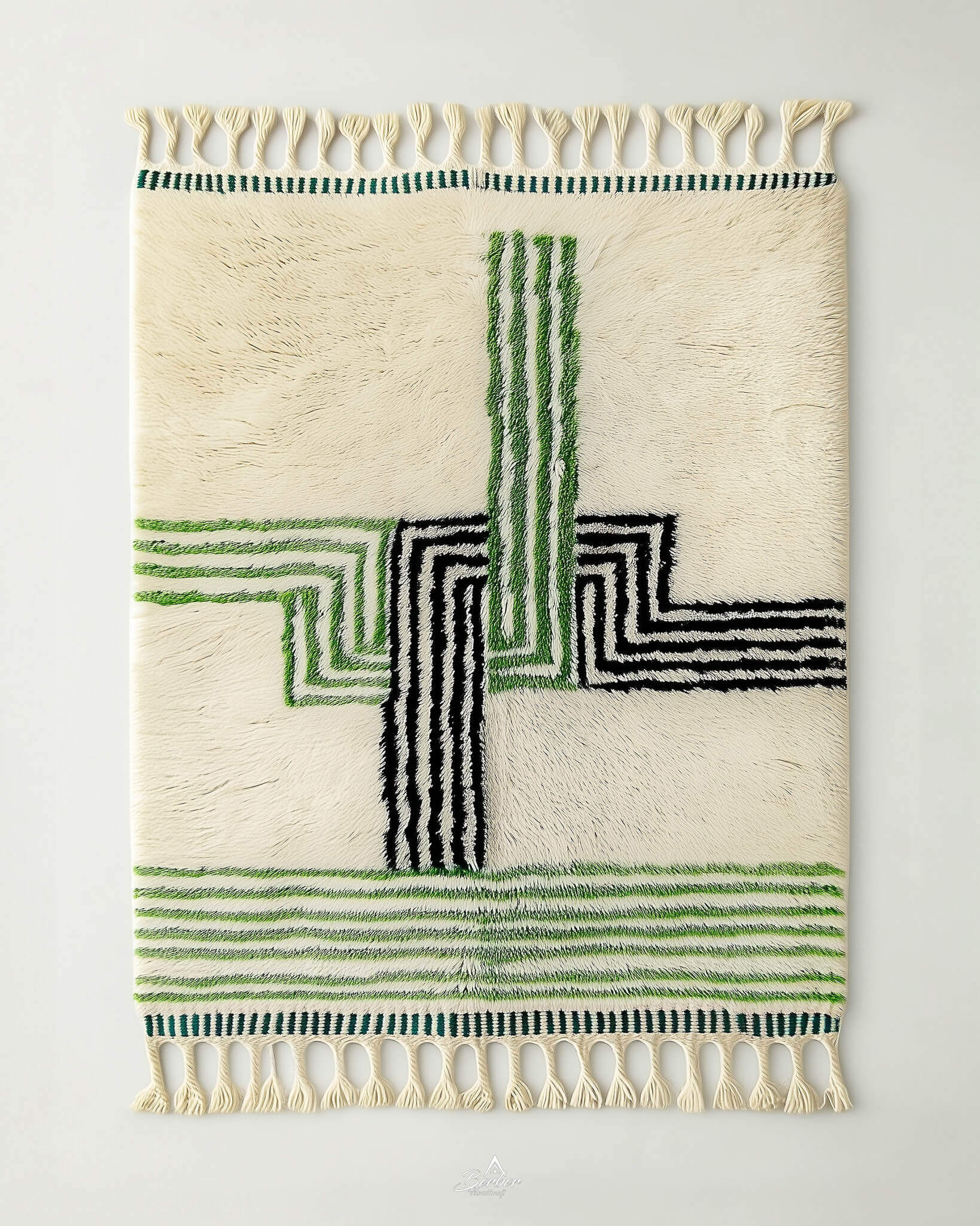 Woven Moroccan rug with striped green and black lines on a plain background