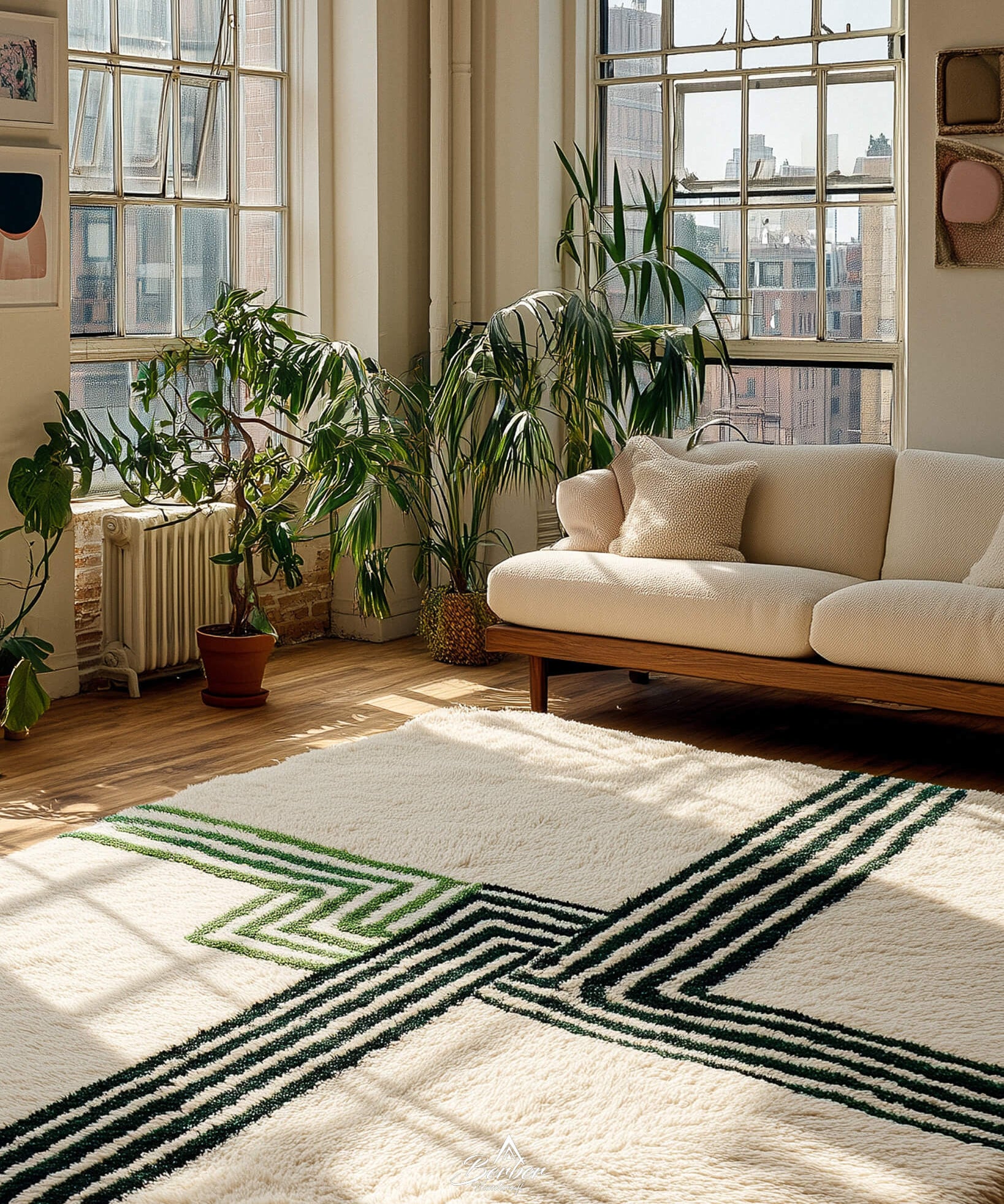 Living room with a striped green and ivory wool rug, white sofa, and large windows.