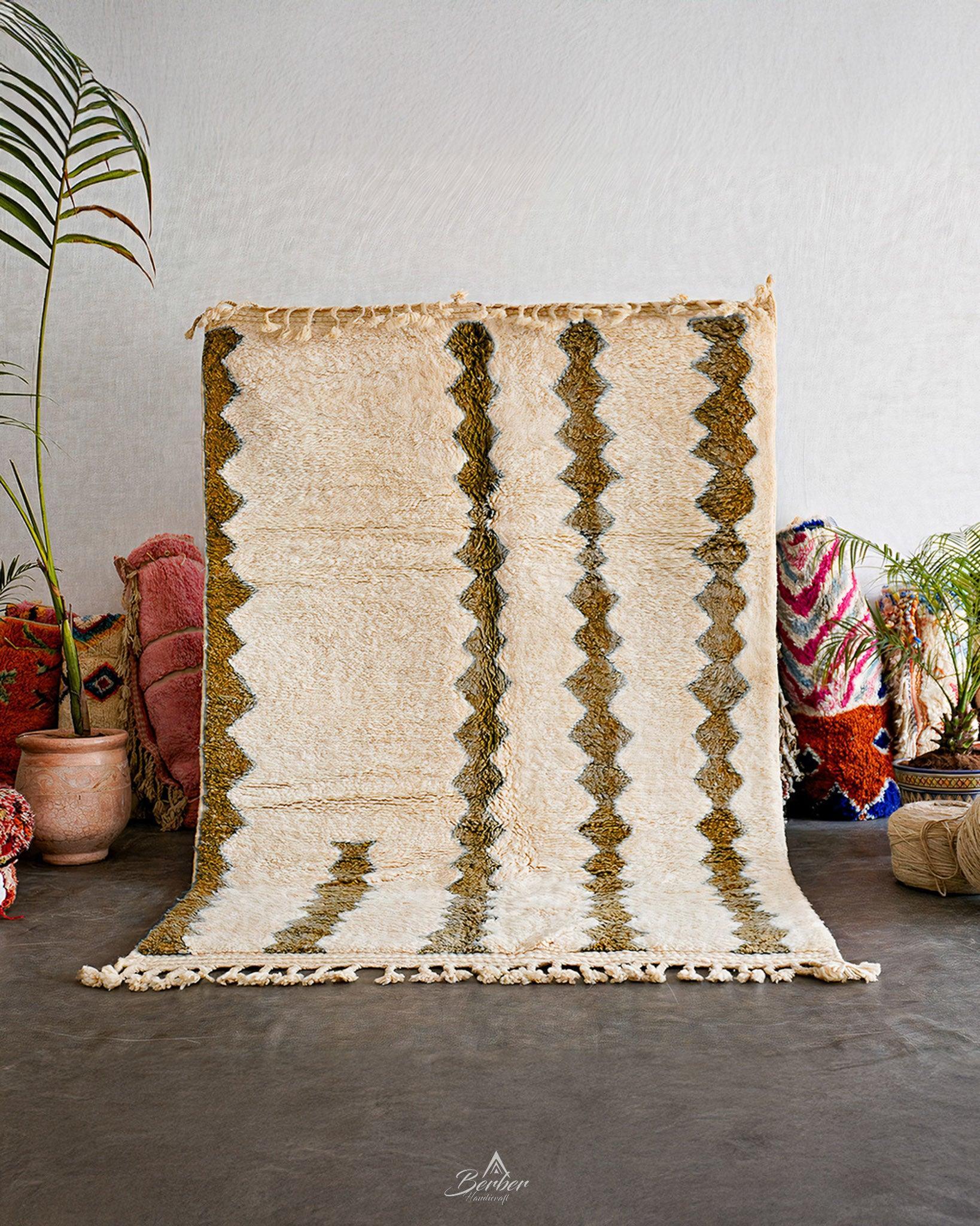 Brown White Azilal Rug 3 X 5 Ft | 90 X 150 Cm / With Tassels / Short (0.4” / 1 cm)