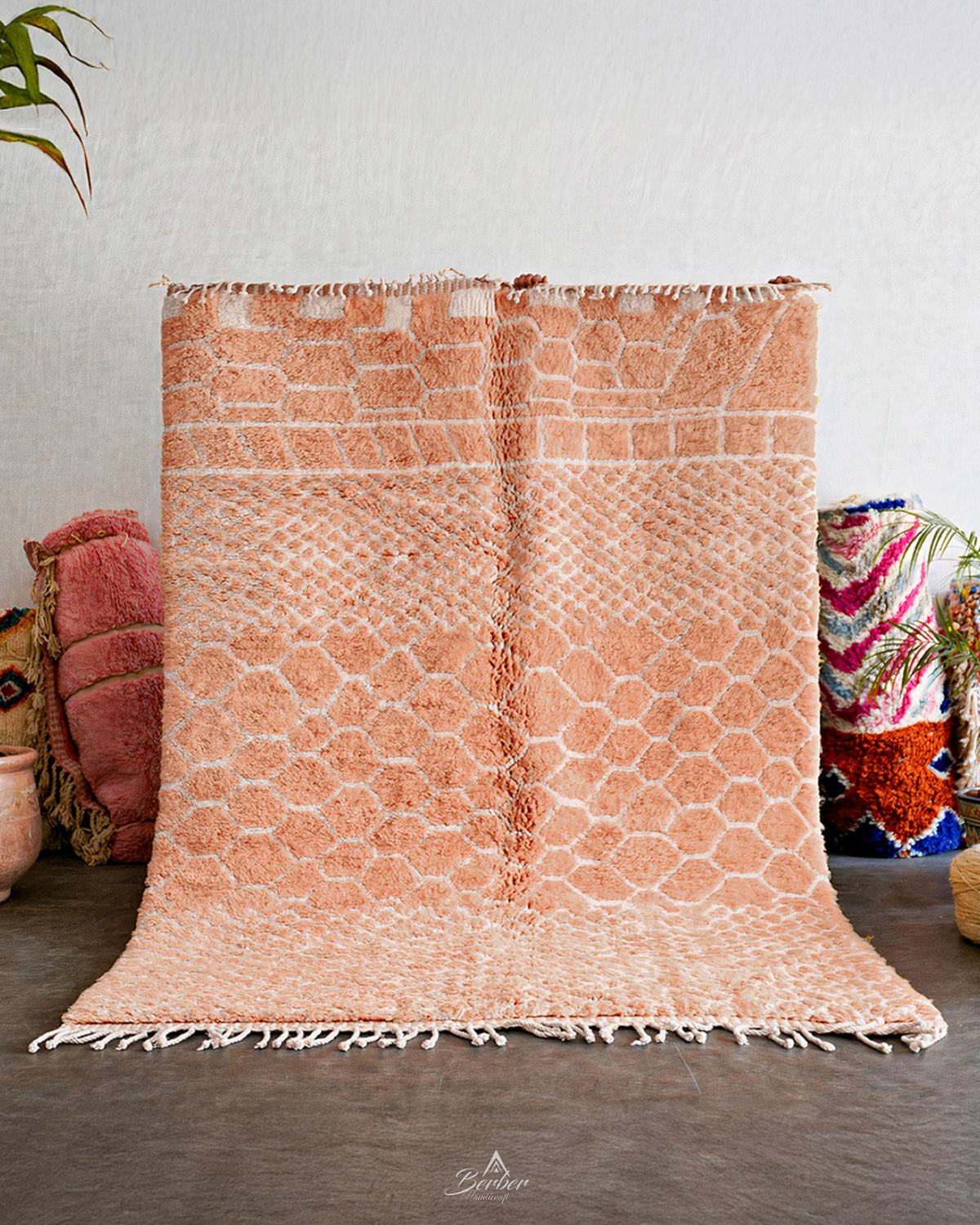 Colorful Peach Wool Rug 3 X 5 Ft | 90 X 150 Cm / With Tassels / Short (0.4” / 1 cm)