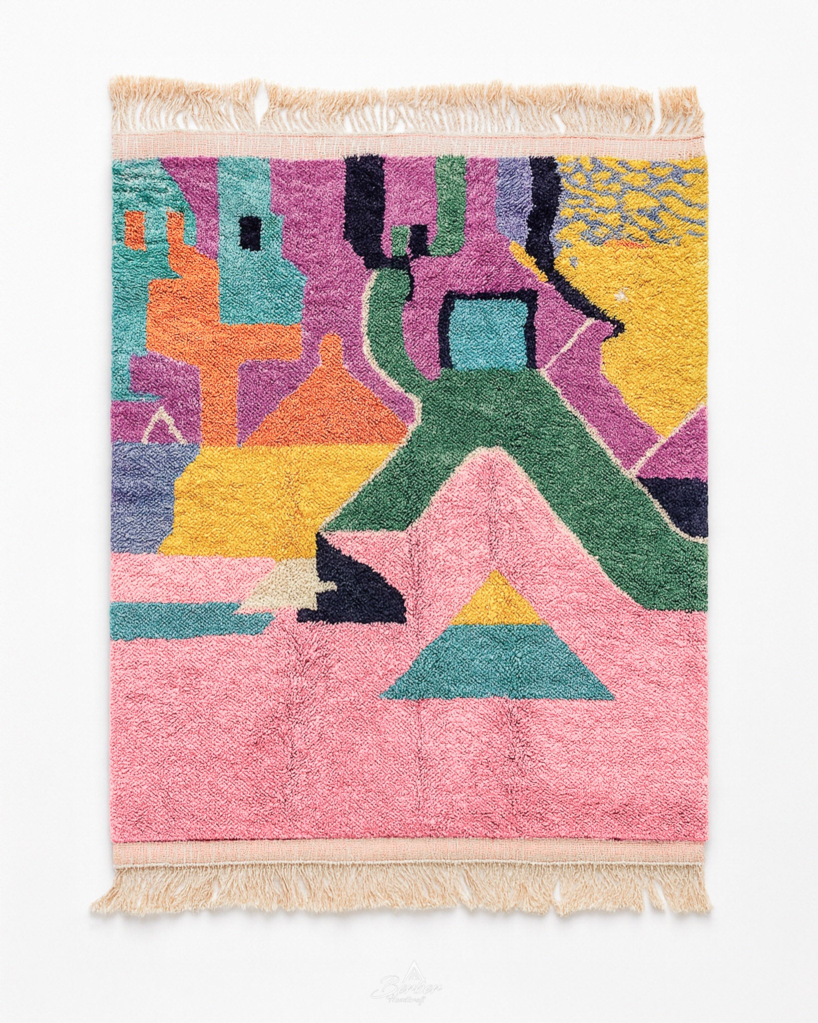 Colorful Pink Moroccan Rug 3 X 5 Ft | 90 X 150 Cm / With Tassels / Short (0.4” / 1 cm)