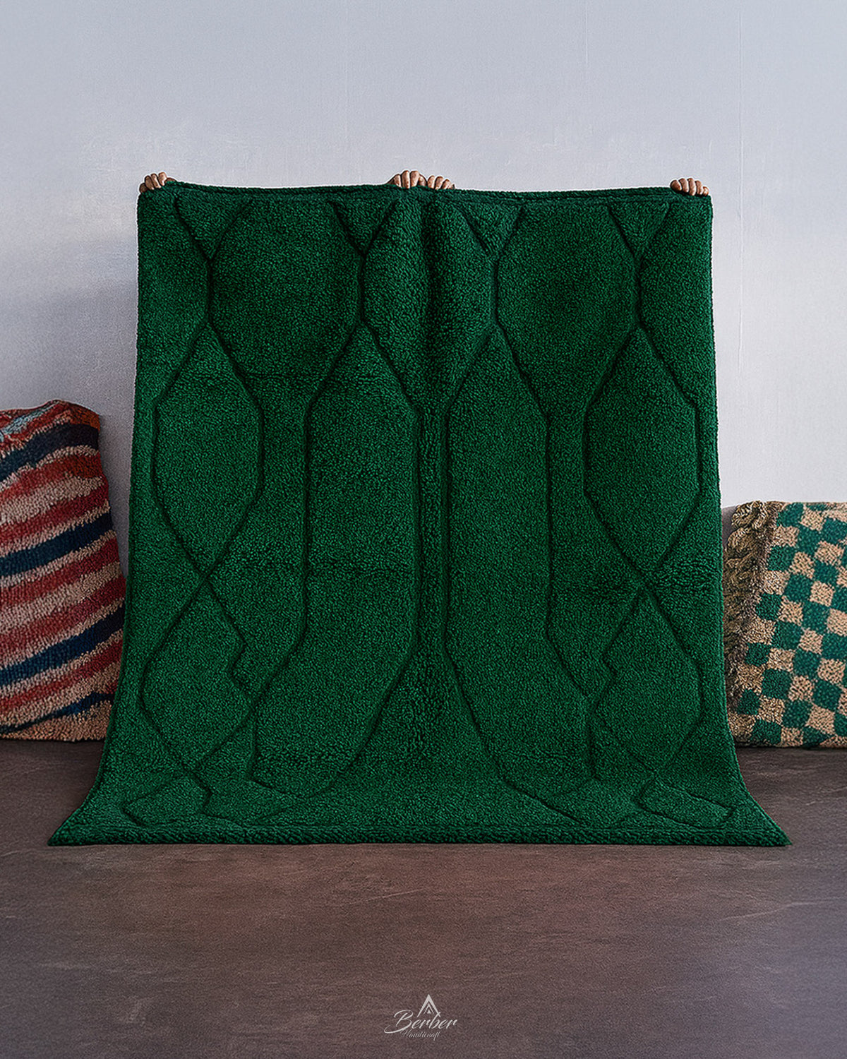 Green Beni Ourain Rug 3 X 5 Ft | 90 X 150 Cm / With Tassels / Short (0.4” / 1 cm)