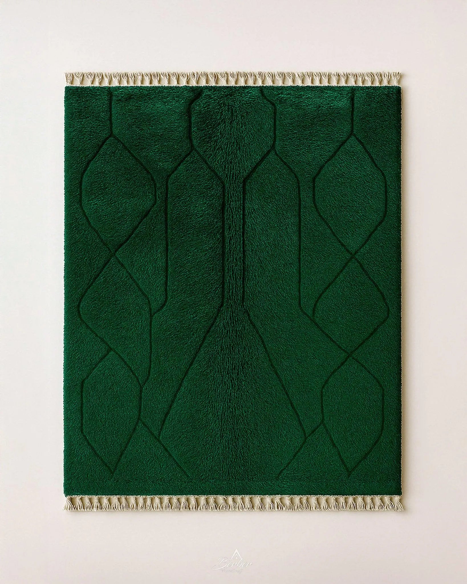 Green Beni Ourain Rug 3 X 5 Ft | 90 X 150 Cm / With Tassels / Short (0.4” / 1 cm)