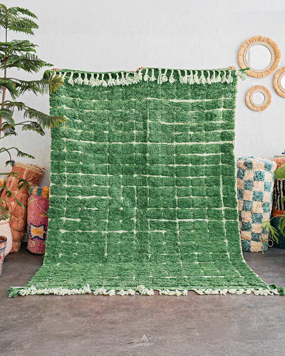 Green Berber Rug 3 X 5 Ft | 90 X 150 Cm / With Tassels / Short (0.4” / 1 cm)