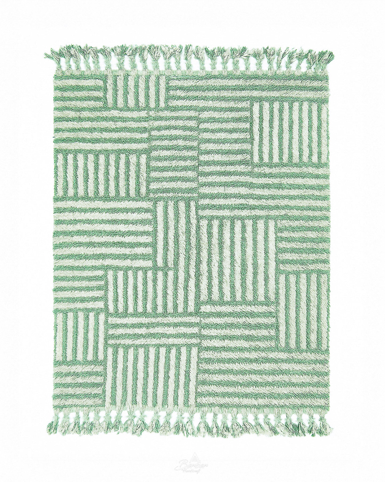 Green Striped Moroccan Rug 3 X 5 Ft | 90 X 150 Cm / With Tassels / Short (0.4” / 1 cm)