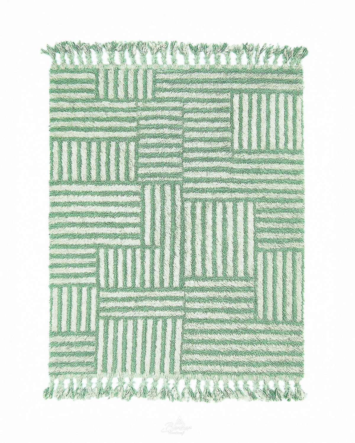 Green Striped Moroccan Rug 3 X 5 Ft | 90 X 150 Cm / With Tassels / Short (0.4” / 1 cm)