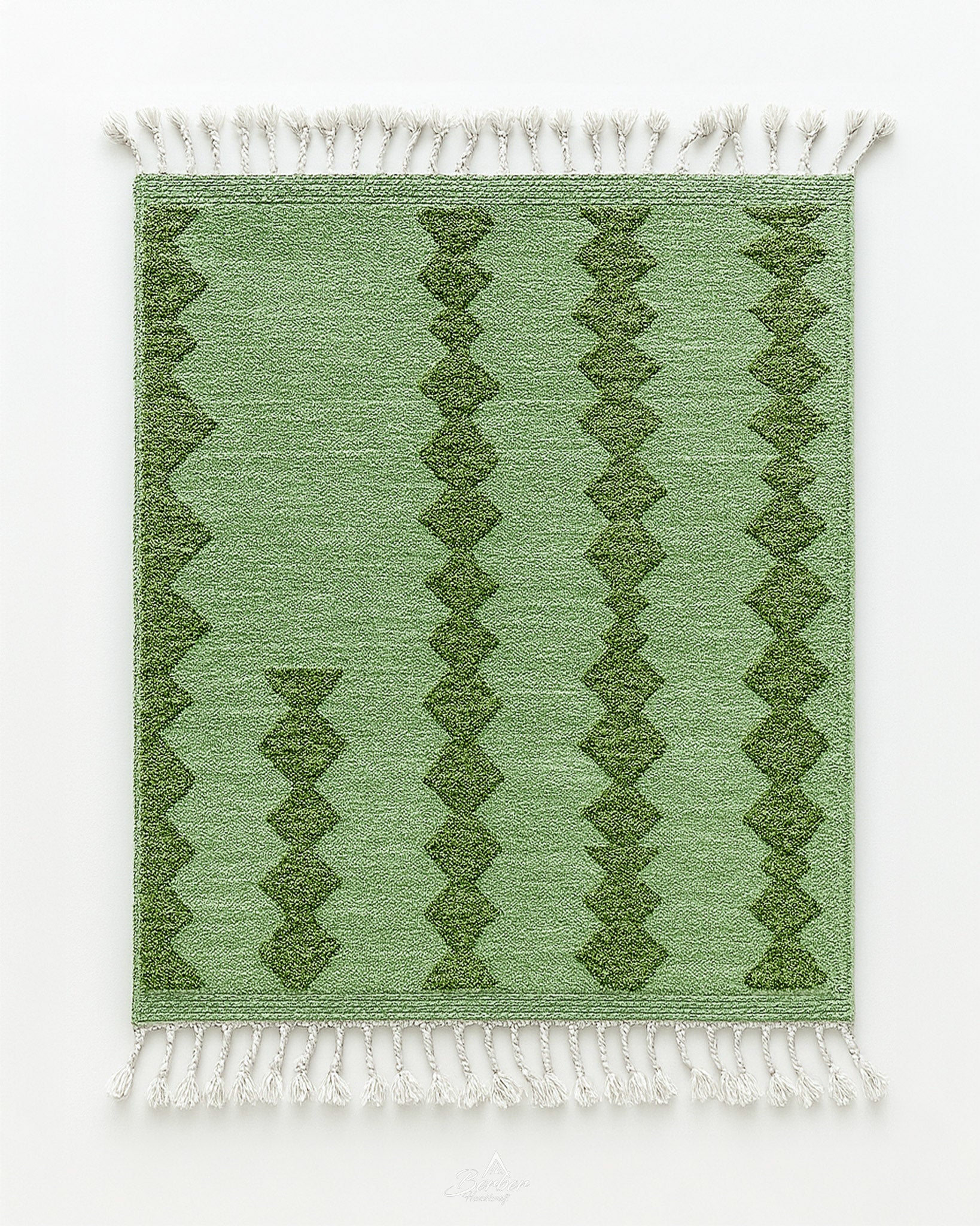 Green Boujaad Carpet 3 X 5 Ft | 90 X 150 Cm / With Tassels / Short (0.4” / 1 cm)