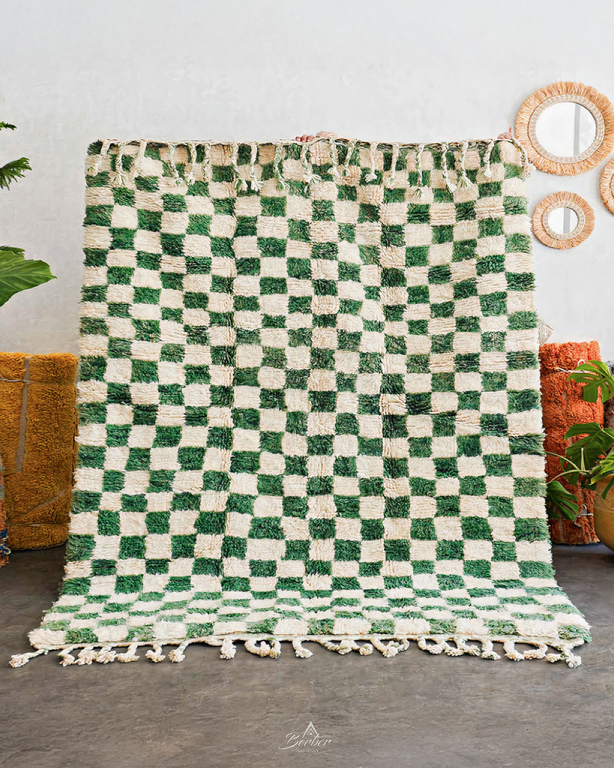 Green Checkered Rug 3 X 5 Ft | 90 X 150 Cm / With Tassels / Short (0.4” / 1 cm)