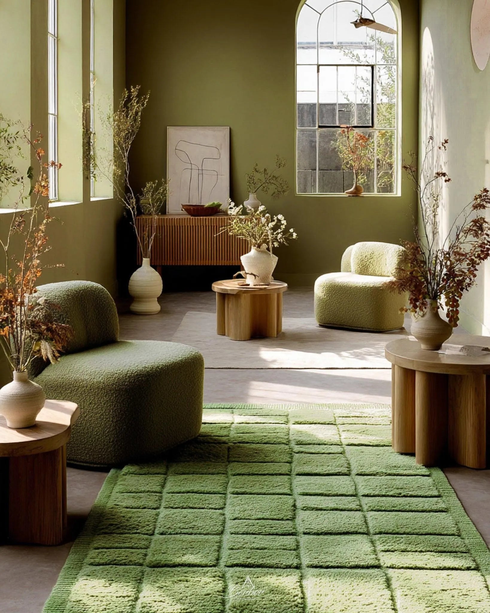 Green Morrocan Wool Rug 3 X 5 Ft | 90 X 150 Cm / With Tassels / Short (0.4” / 1 cm)