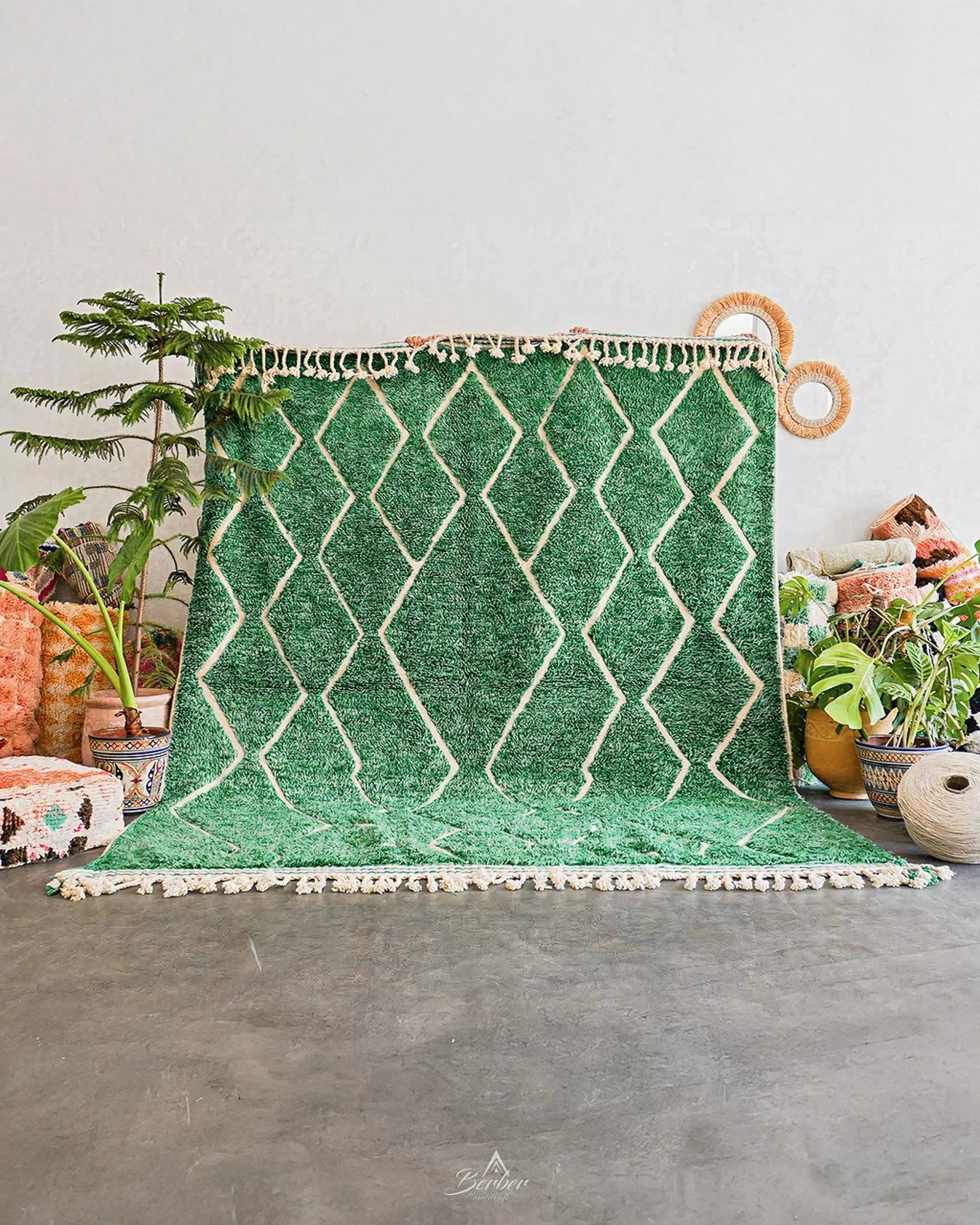 Green Treillis Berber Rug 3 X 5 Ft | 90 X 150 Cm / With Tassels / Short (0.4” / 1 cm)