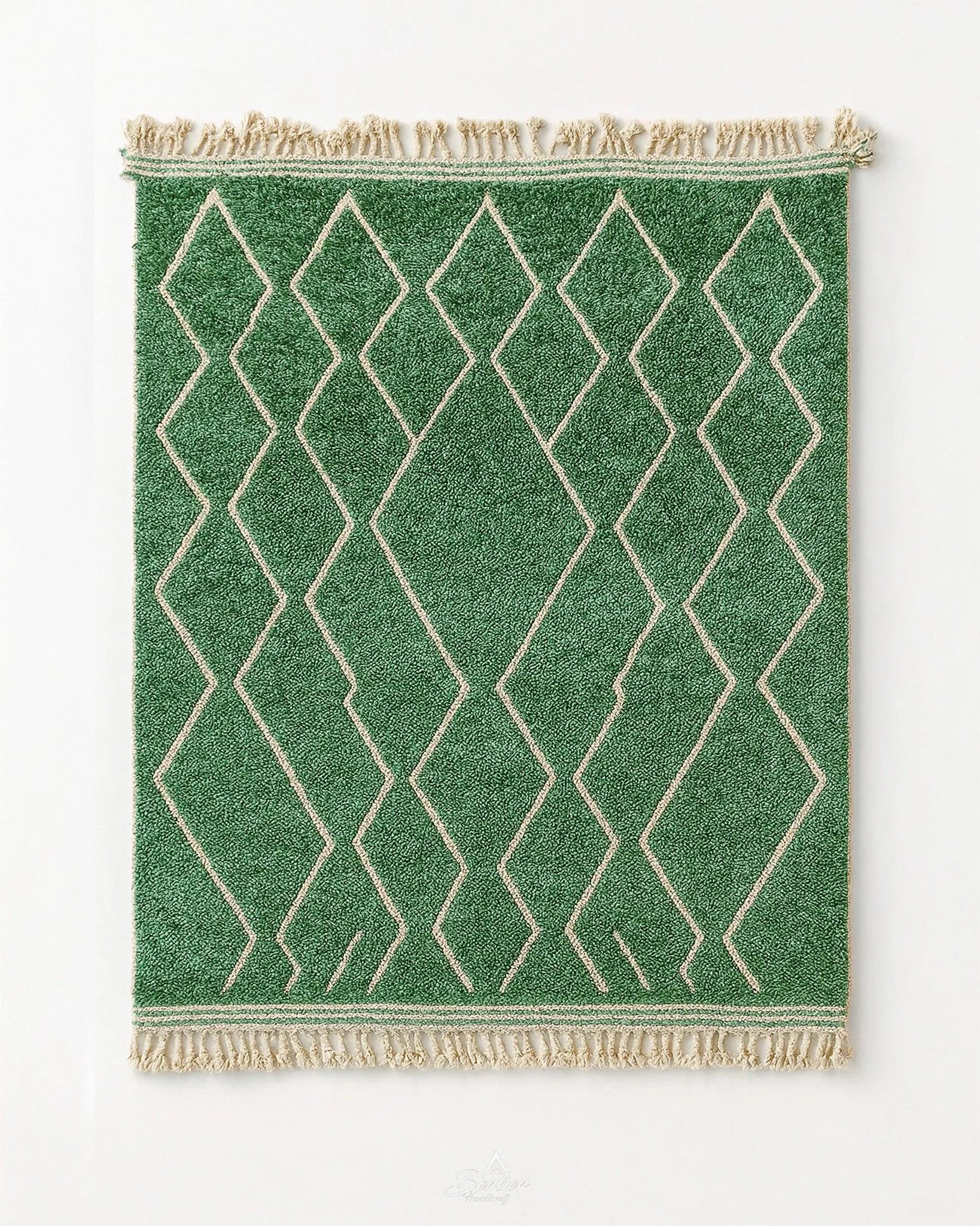 Green Treillis Berber Rug 3 X 5 Ft | 90 X 150 Cm / With Tassels / Short (0.4” / 1 cm)