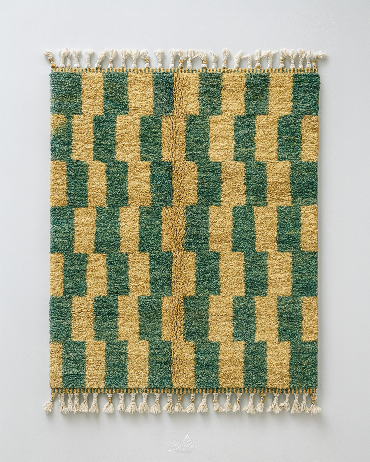 Green Yellow Wool Rug 3 X 5 Ft | 90 X 150 Cm / With Tassels / Short (0.4” / 1 cm)