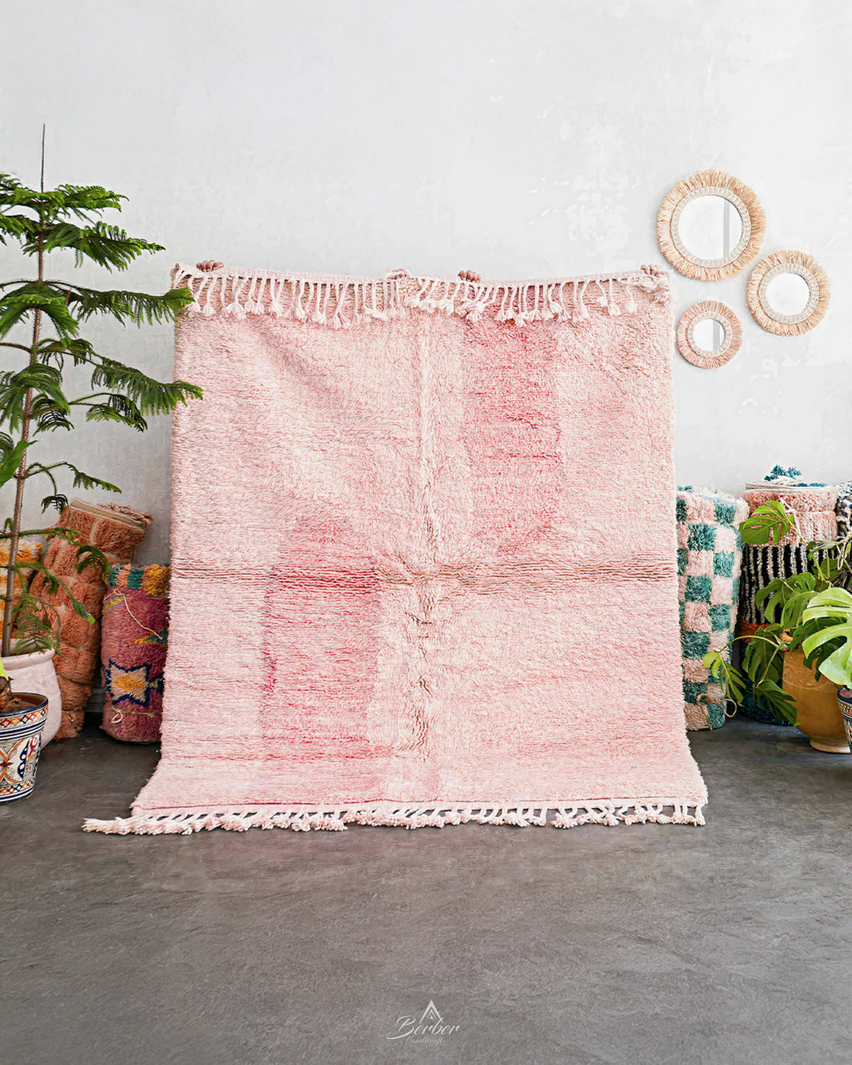 Pink Morrocan Wool Rug 3 X 5 Ft | 90 X 150 Cm / With Tassels / Short (0.4” / 1 cm)
