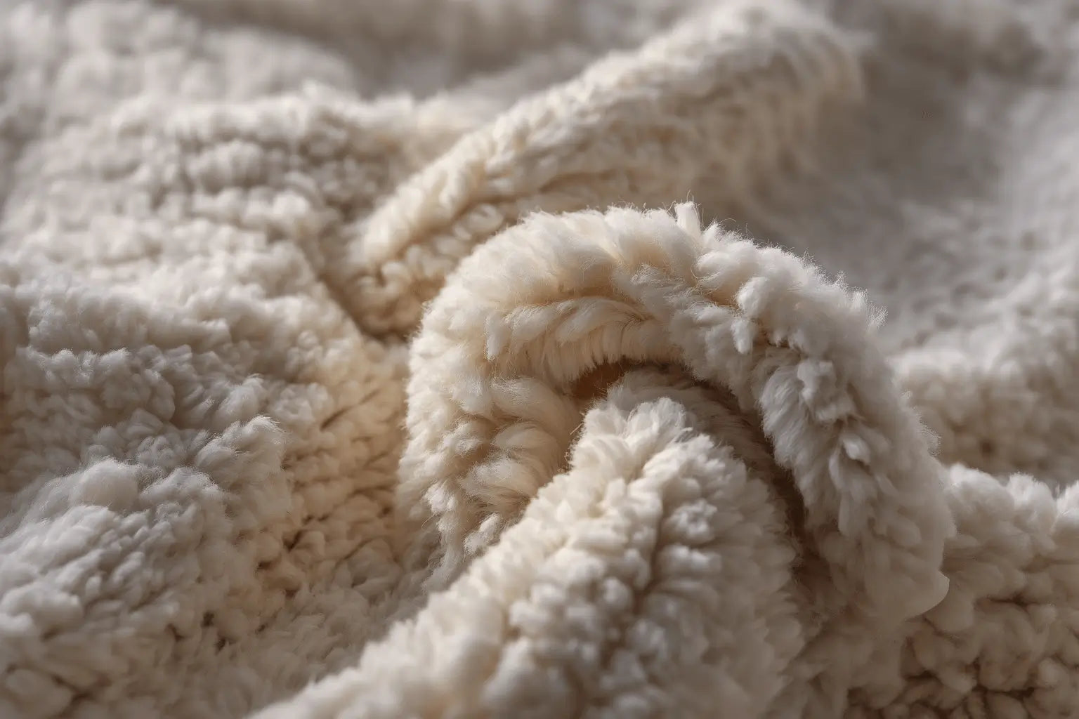 Close-up of a textured beige wool rug with a soft, plush surface.
