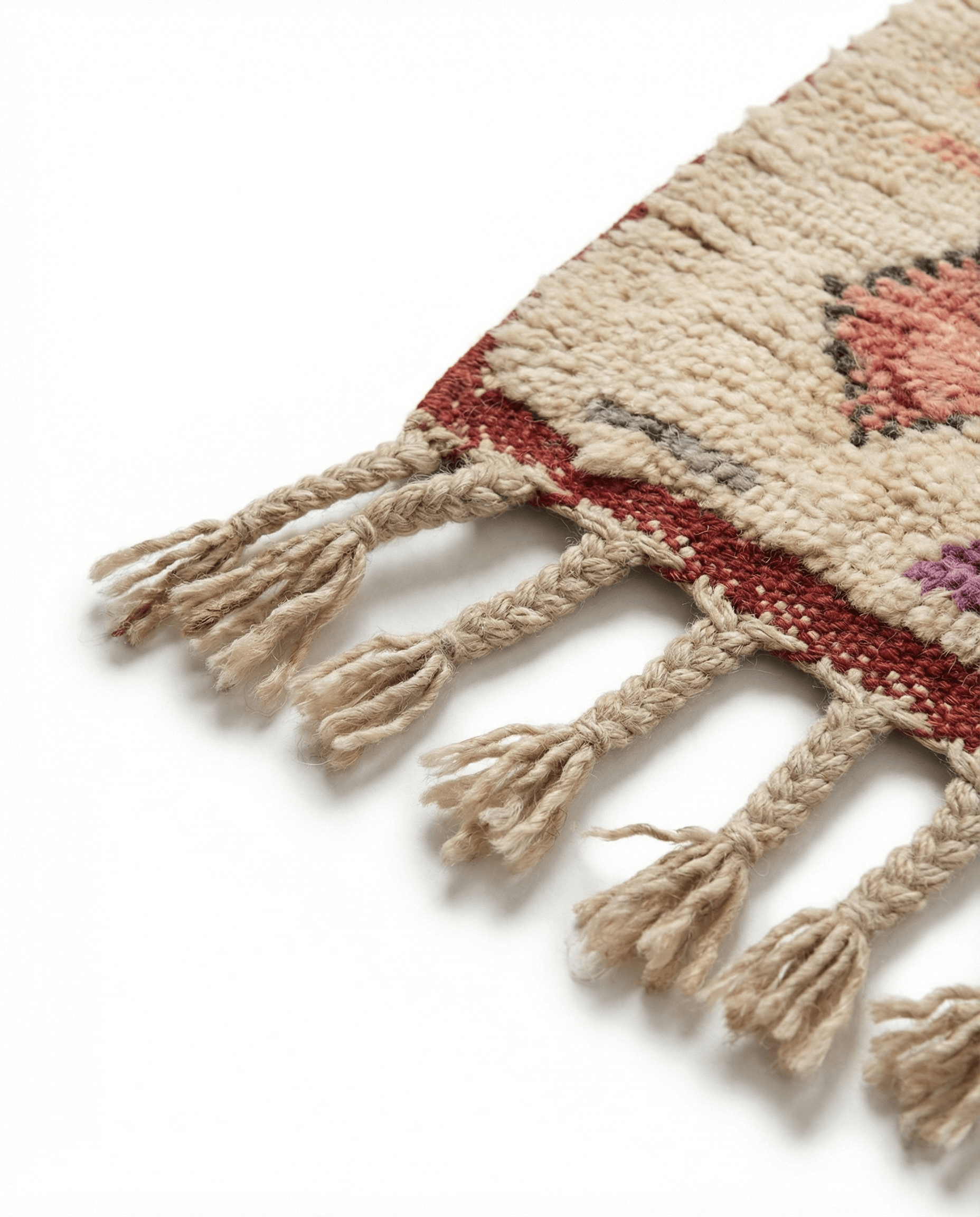 Close-up of a textured rug with tassels on a white background