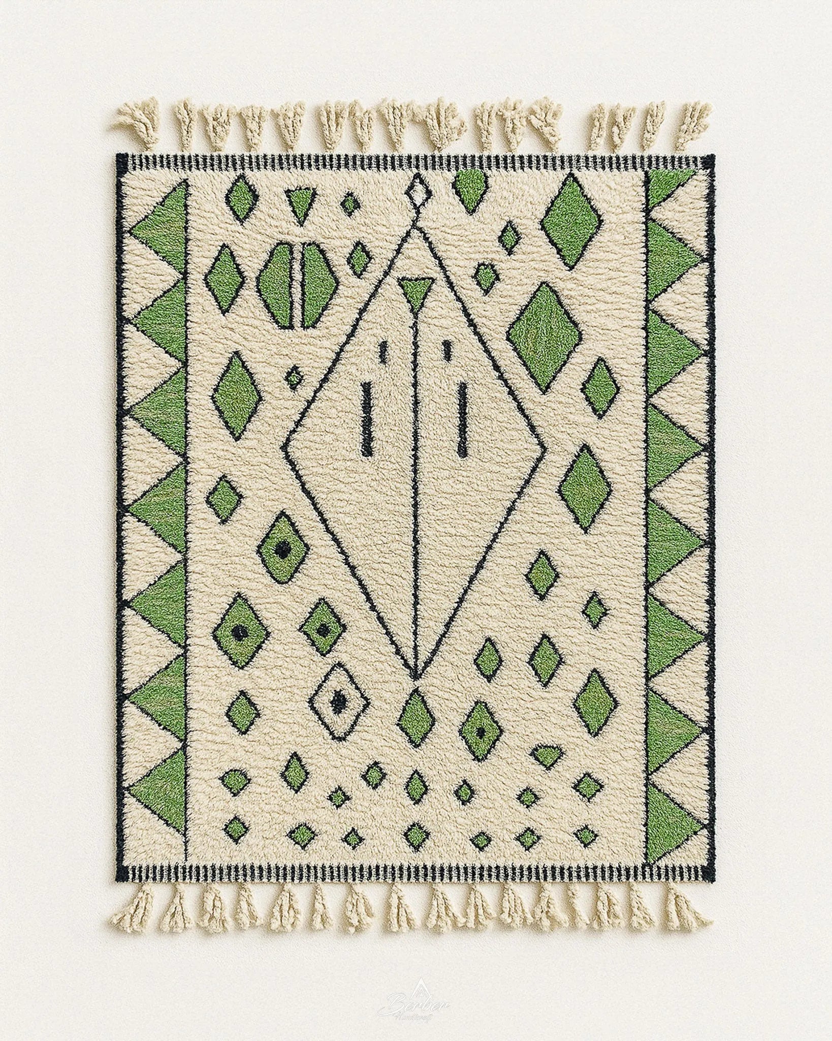 White and Green Azilal Rug 3 X 5 Ft | 90 X 150 Cm / With Tassels / Short (0.4” / 1 cm)