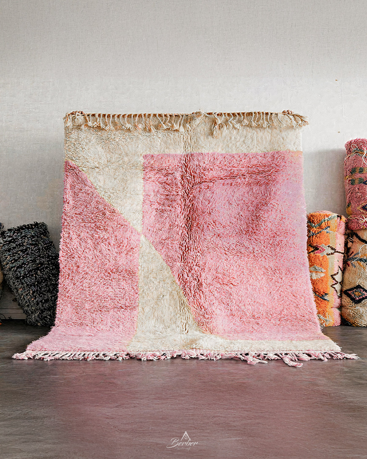 Pink Morrocan Berber Rug 3 X 5 Ft | 90 X 150 Cm / With Tassels / Short (0.4” / 1 cm)