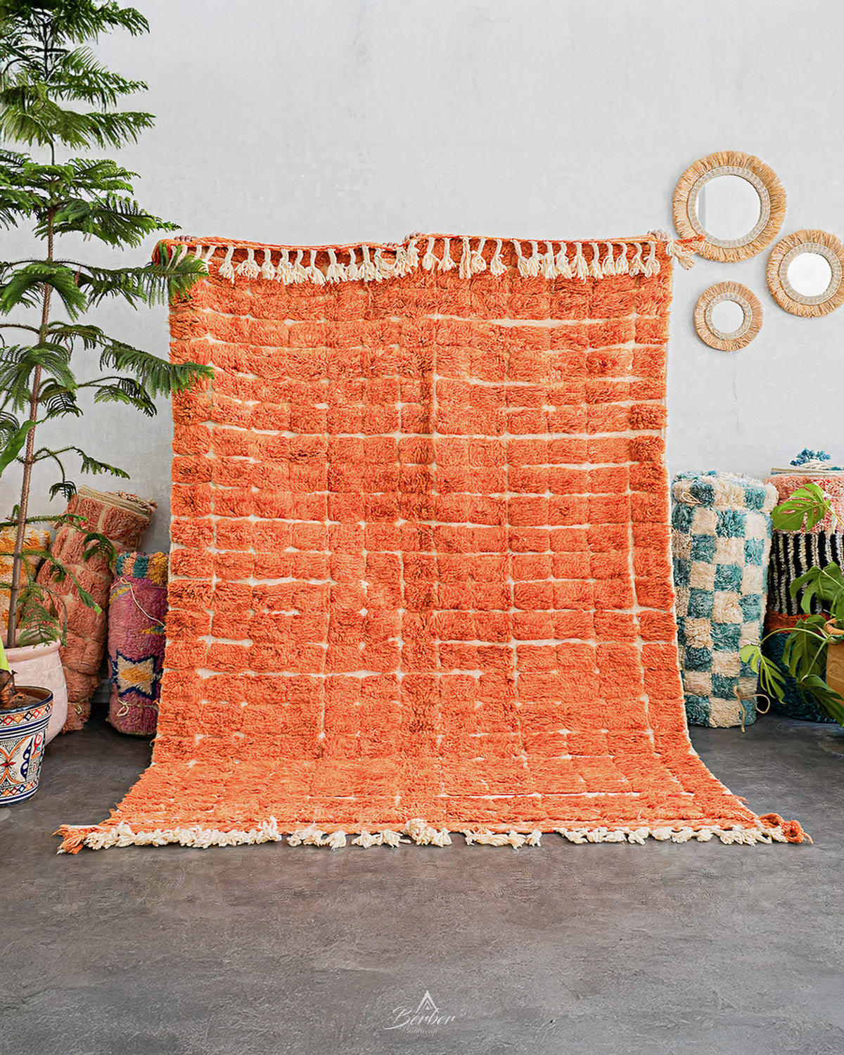 Orange Moroccan Rug 3 X 5 Ft | 90 X 150 Cm / With Tassels / Short (0.4” / 1 cm)