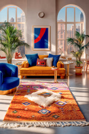 Orange Pink Moroccan Rug 3 X 5 Ft | 90 X 150 Cm / With Tassels / Short (0.4” / 1 cm)