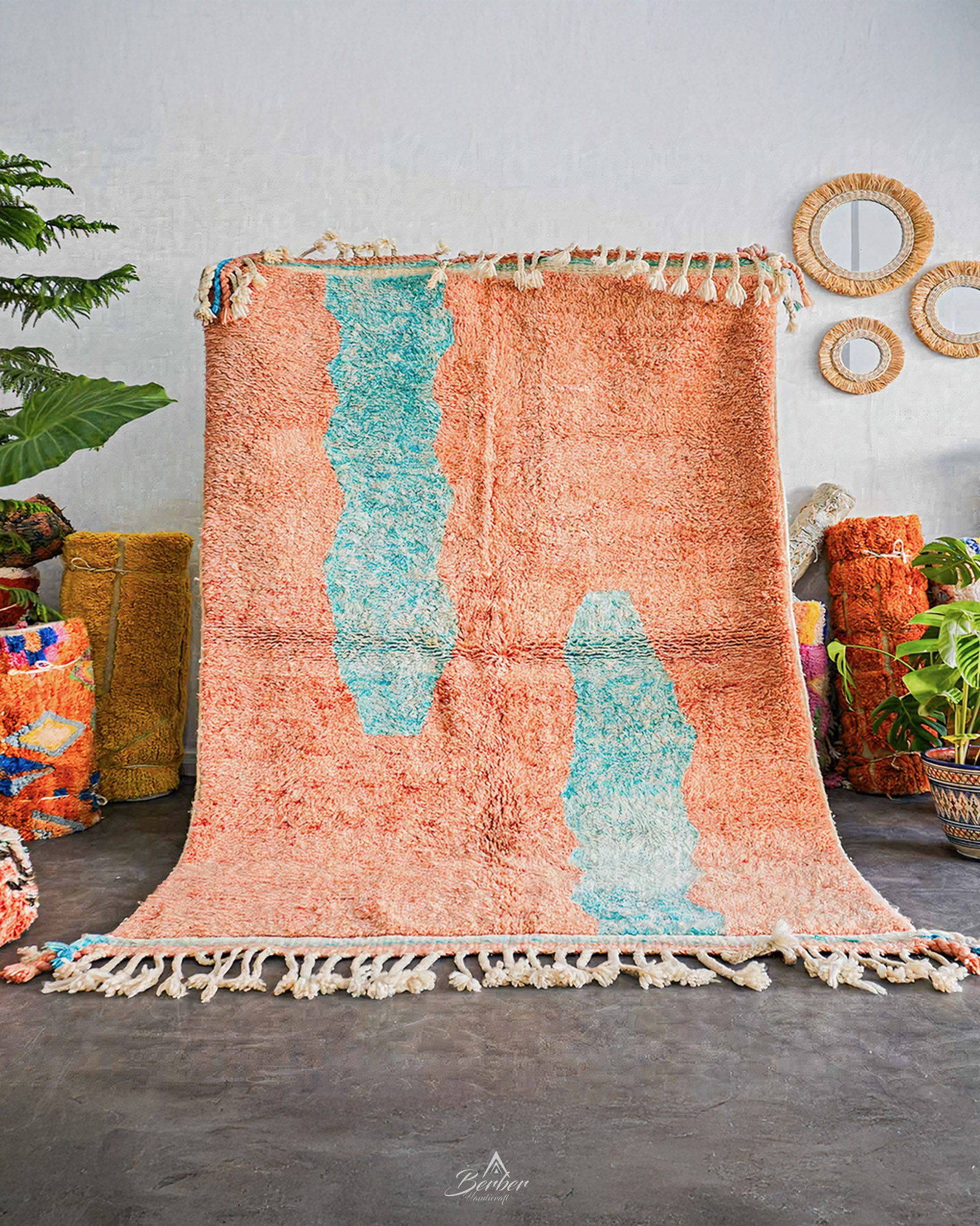 Peach Berber Rug 3 X 5 Ft | 90 X 150 Cm / With Tassels / Short (0.4” / 1 cm)