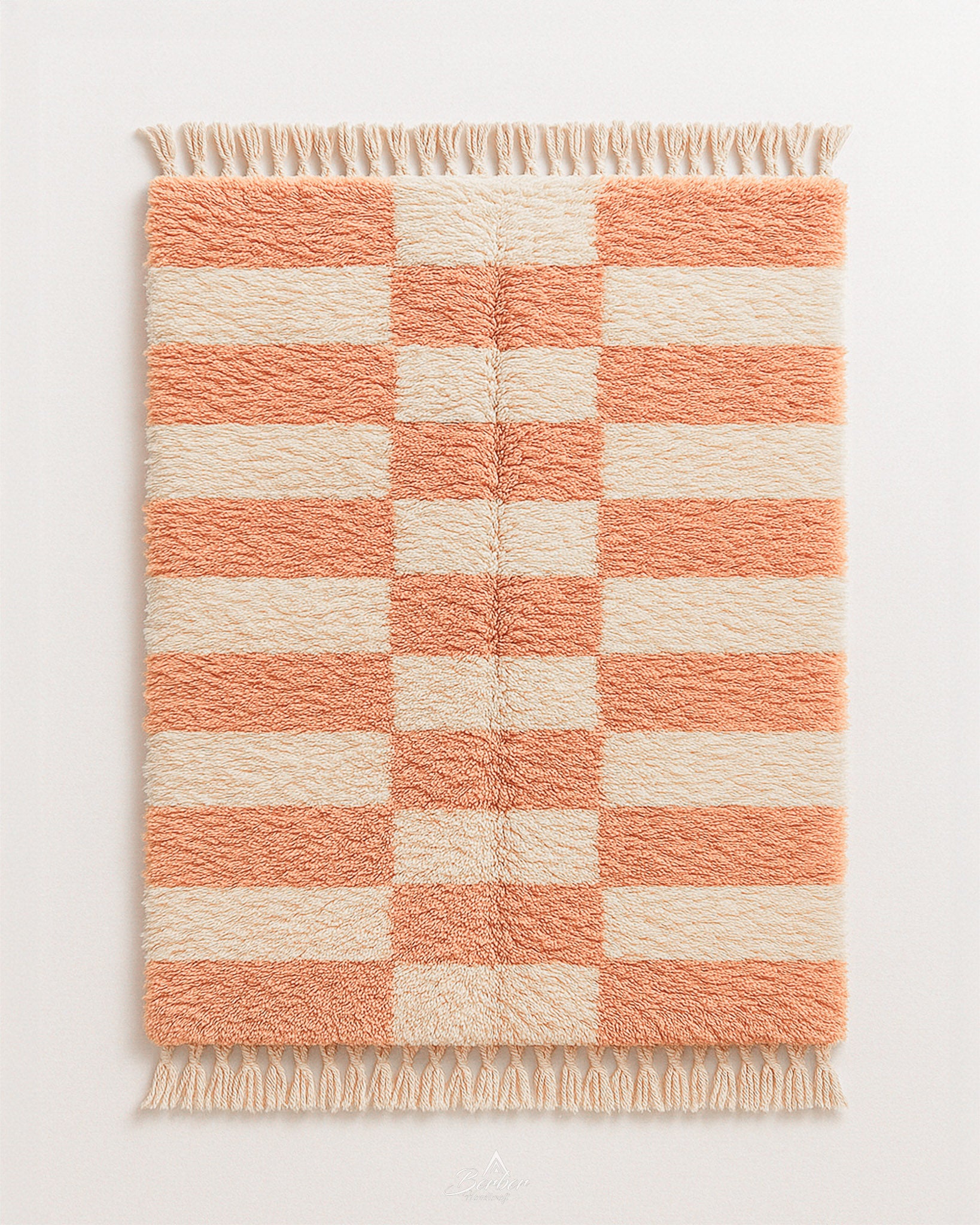 Peach Checker Rug 3 X 5 Ft | 90 X 150 Cm / With Tassels / Short (0.4” / 1 cm)