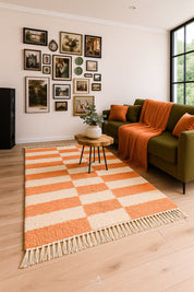 Peach Checker Rug 3 X 5 Ft | 90 X 150 Cm / With Tassels / Short (0.4” / 1 cm)
