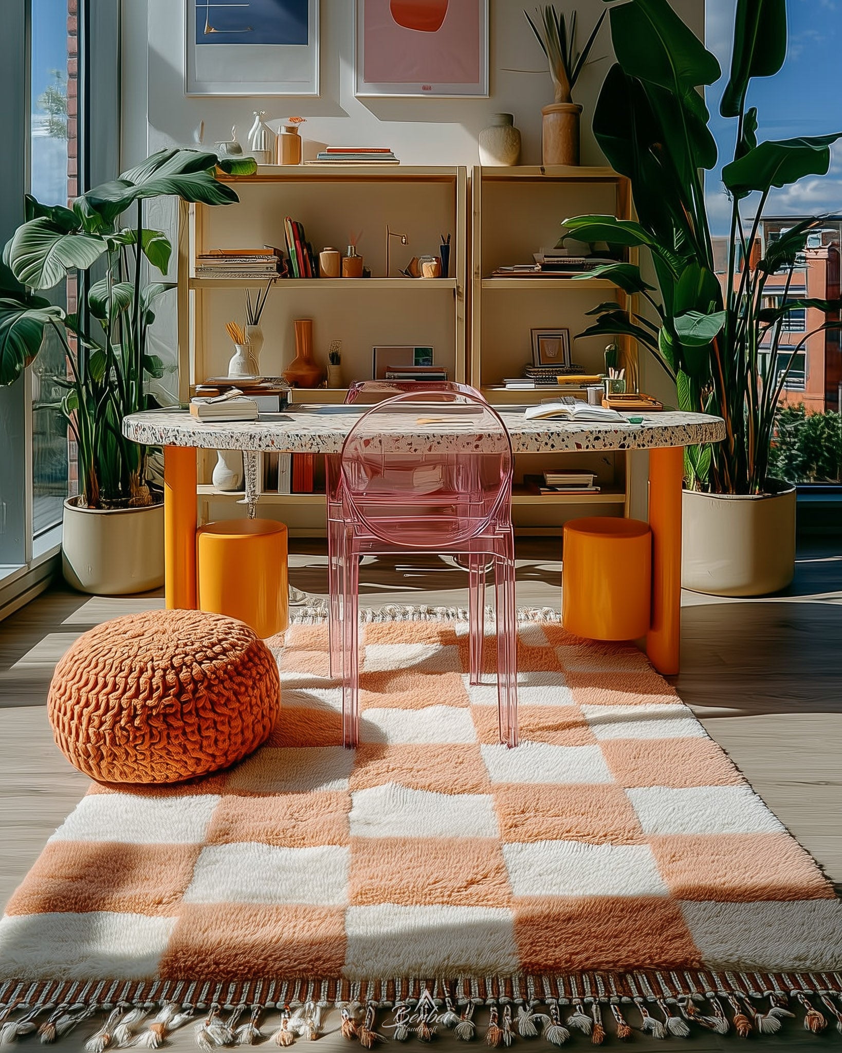 Peach Checker Rug 3 X 5 Ft | 90 X 150 Cm / With Tassels / Short (0.4” / 1 cm)