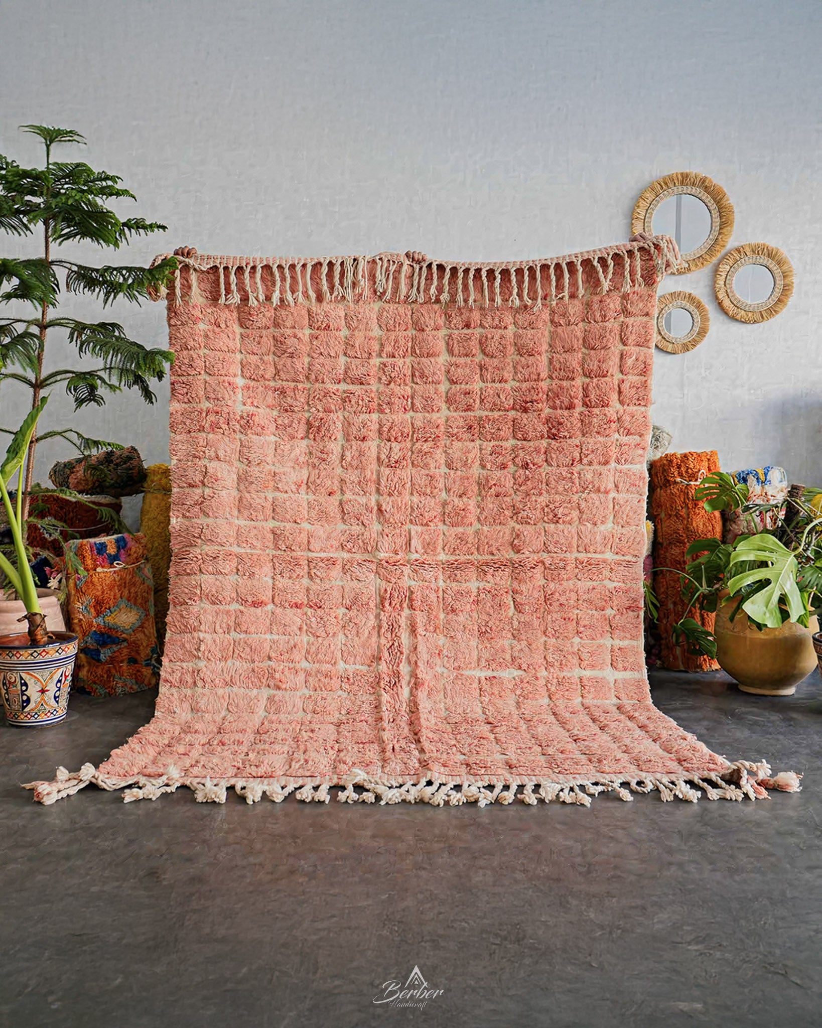 Peach Moroccan Rug 3 X 5 Ft | 90 X 150 Cm / With Tassels / Short (0.4” / 1 cm)