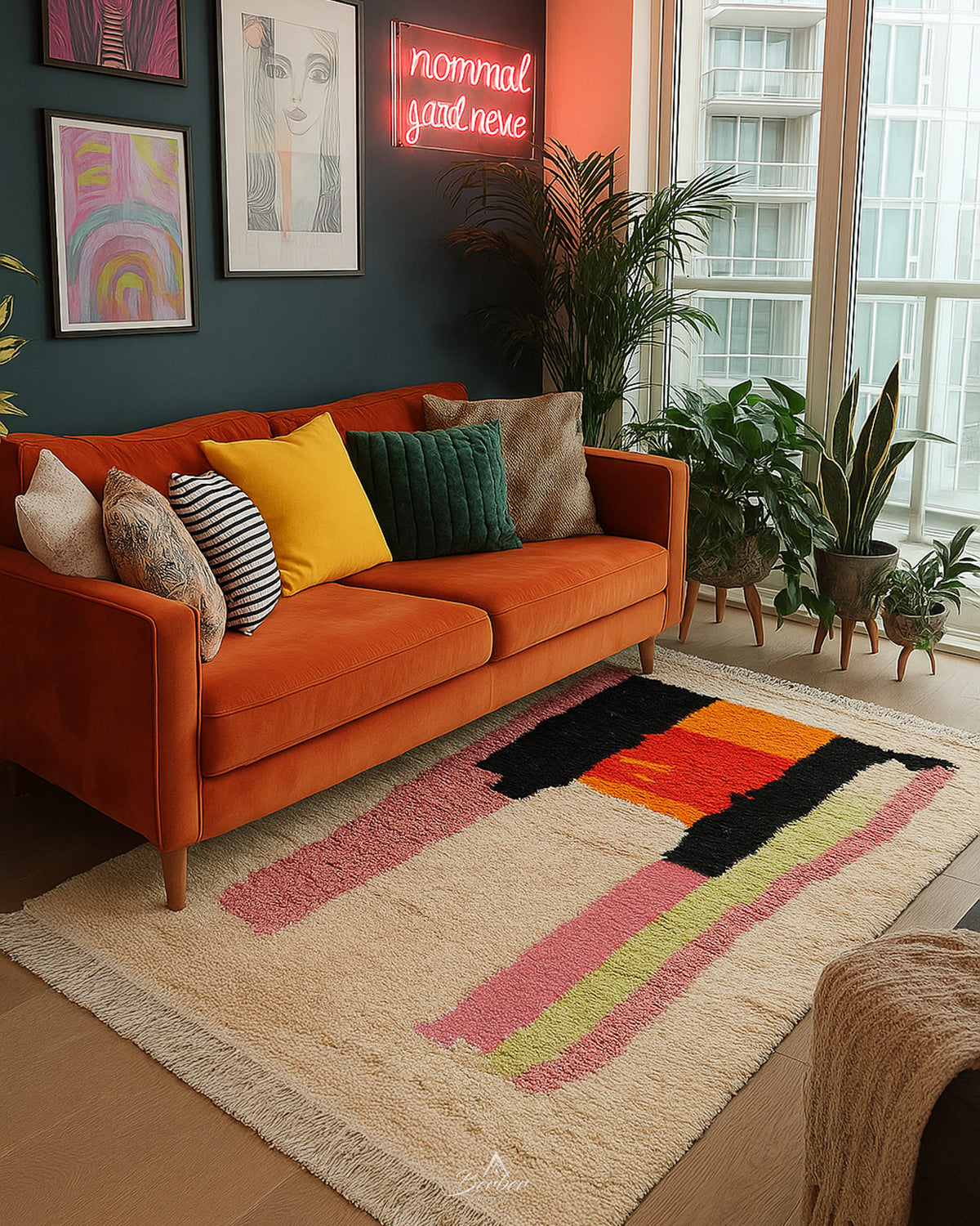 Pink Abstract Rug 3 X 5 Ft | 90 X 150 Cm / With Tassels / Short (0.4” / 1 cm)