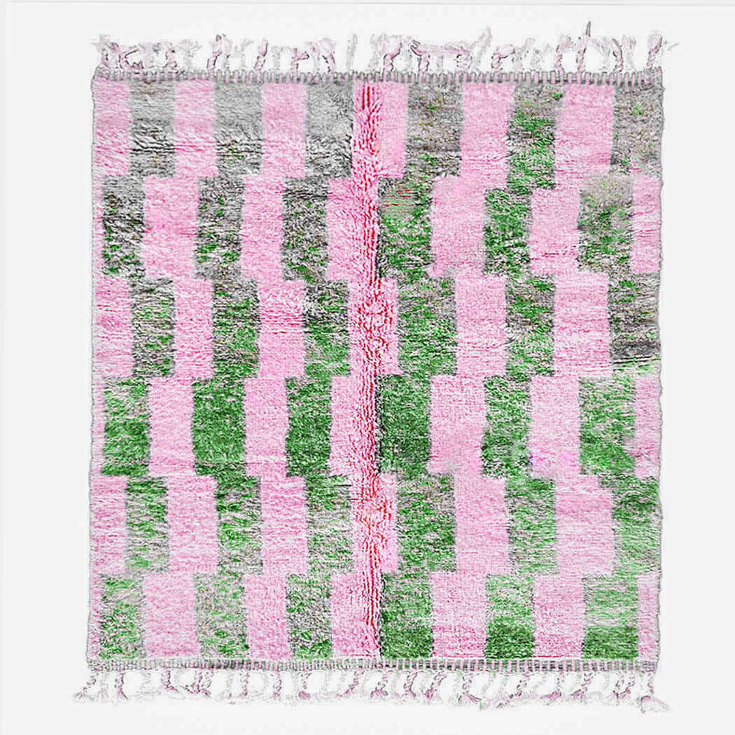 Pink And Green Wool Rug - Berber Handicraft