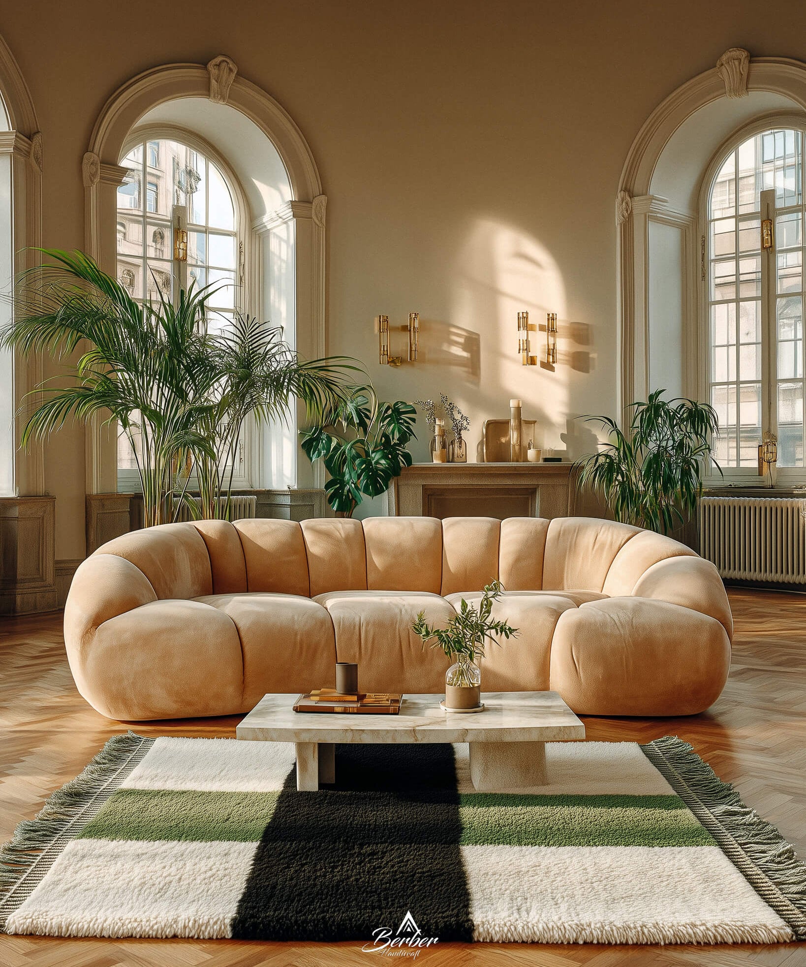 Modern living room with a white and green geometric Berber rug, beige sectional sofa, coffee table, and decorative plants.