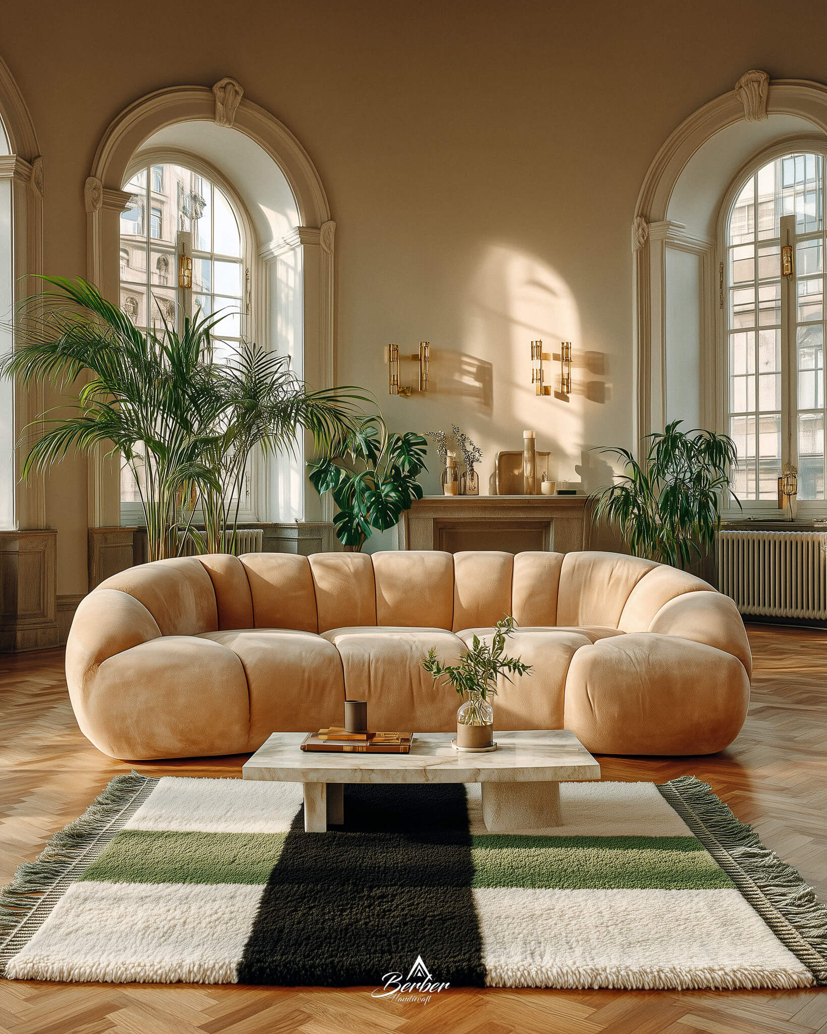Modern living room with a white and green geometric Berber rug, beige sectional sofa, coffee table, and decorative plants.