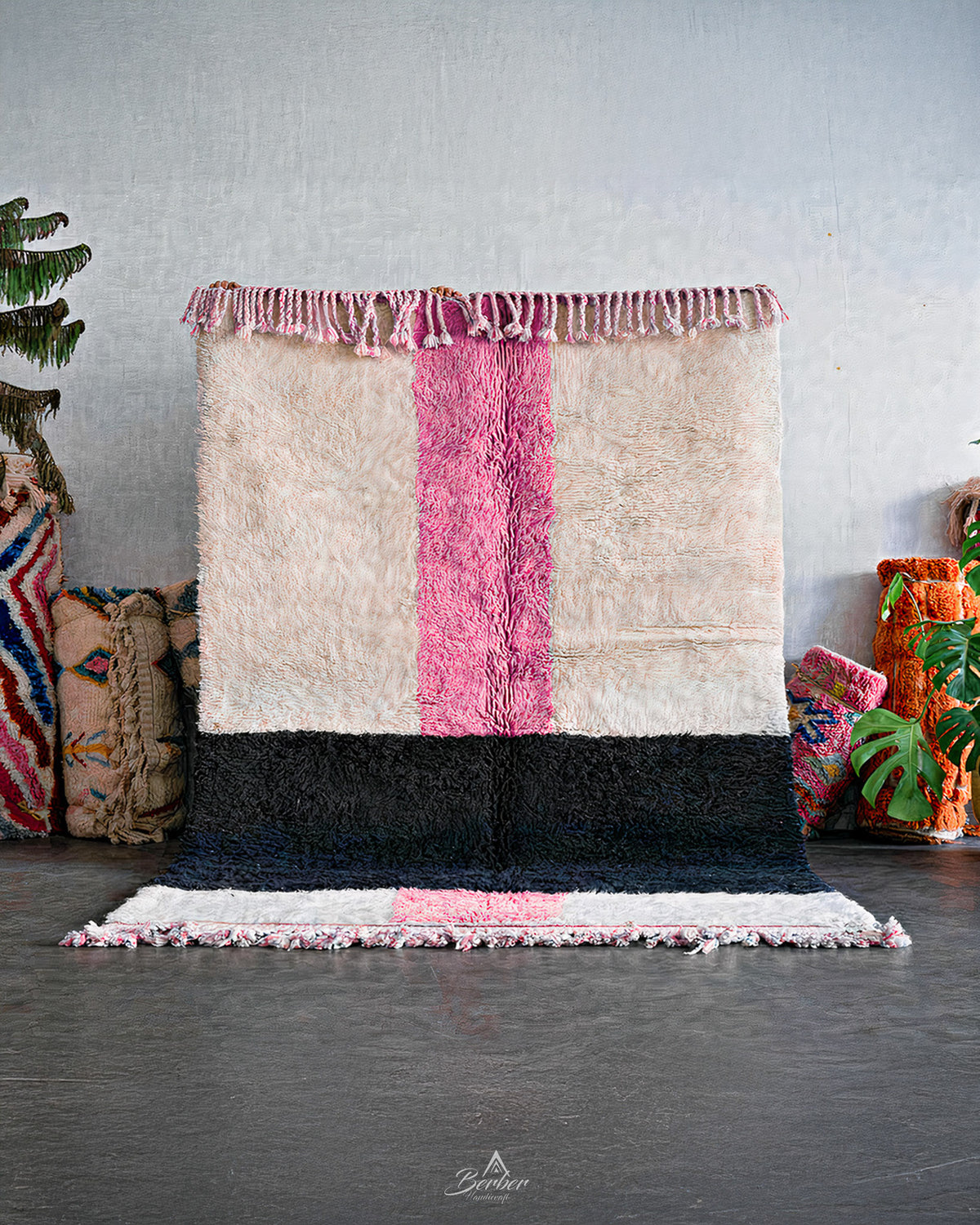 White Pink Moroccan Rug 3 X 5 Ft | 90 X 150 Cm / With Tassels / Short (0.4” / 1 cm)
