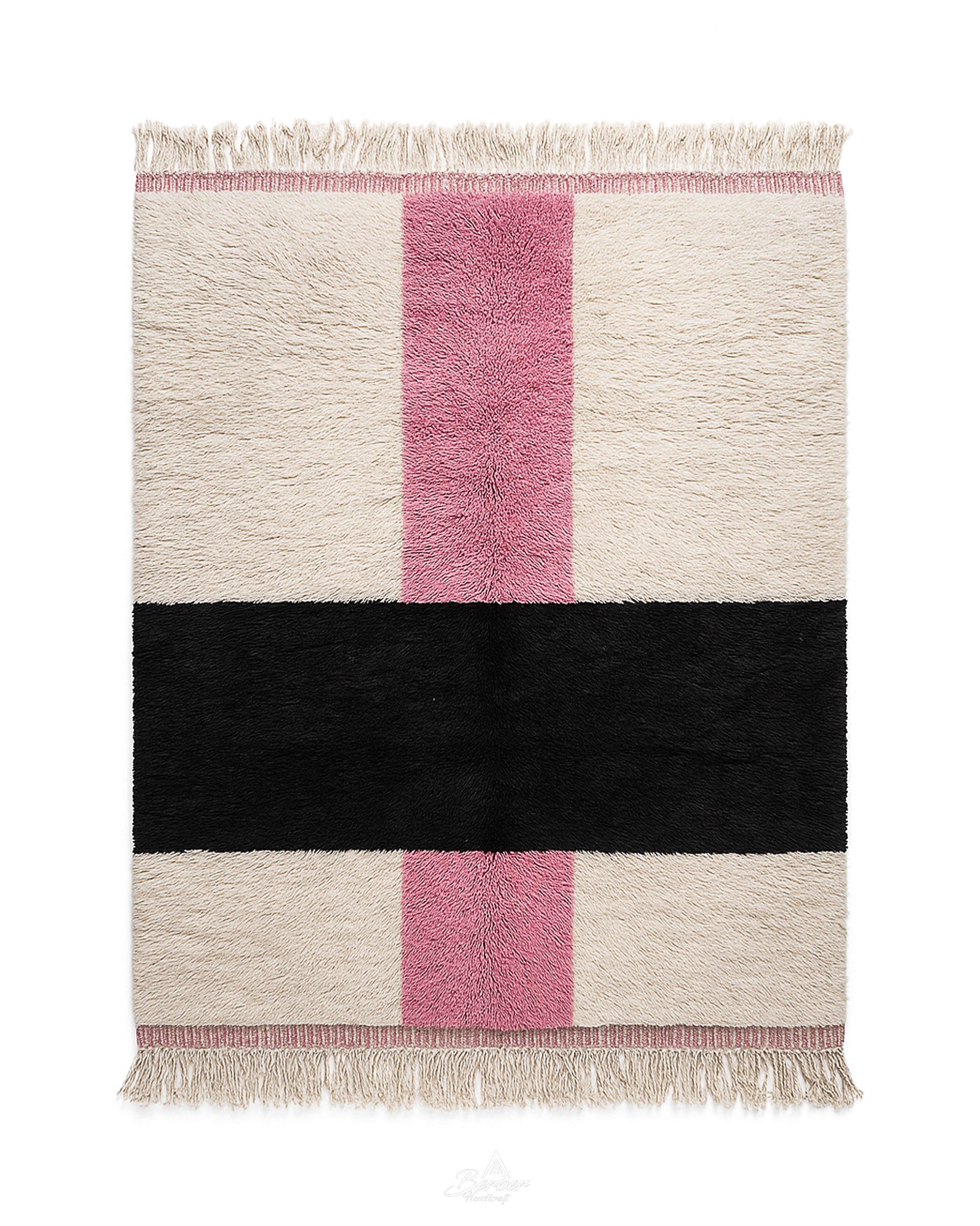 White Pink Moroccan Rug 3 X 5 Ft | 90 X 150 Cm / With Tassels / Short (0.4” / 1 cm)