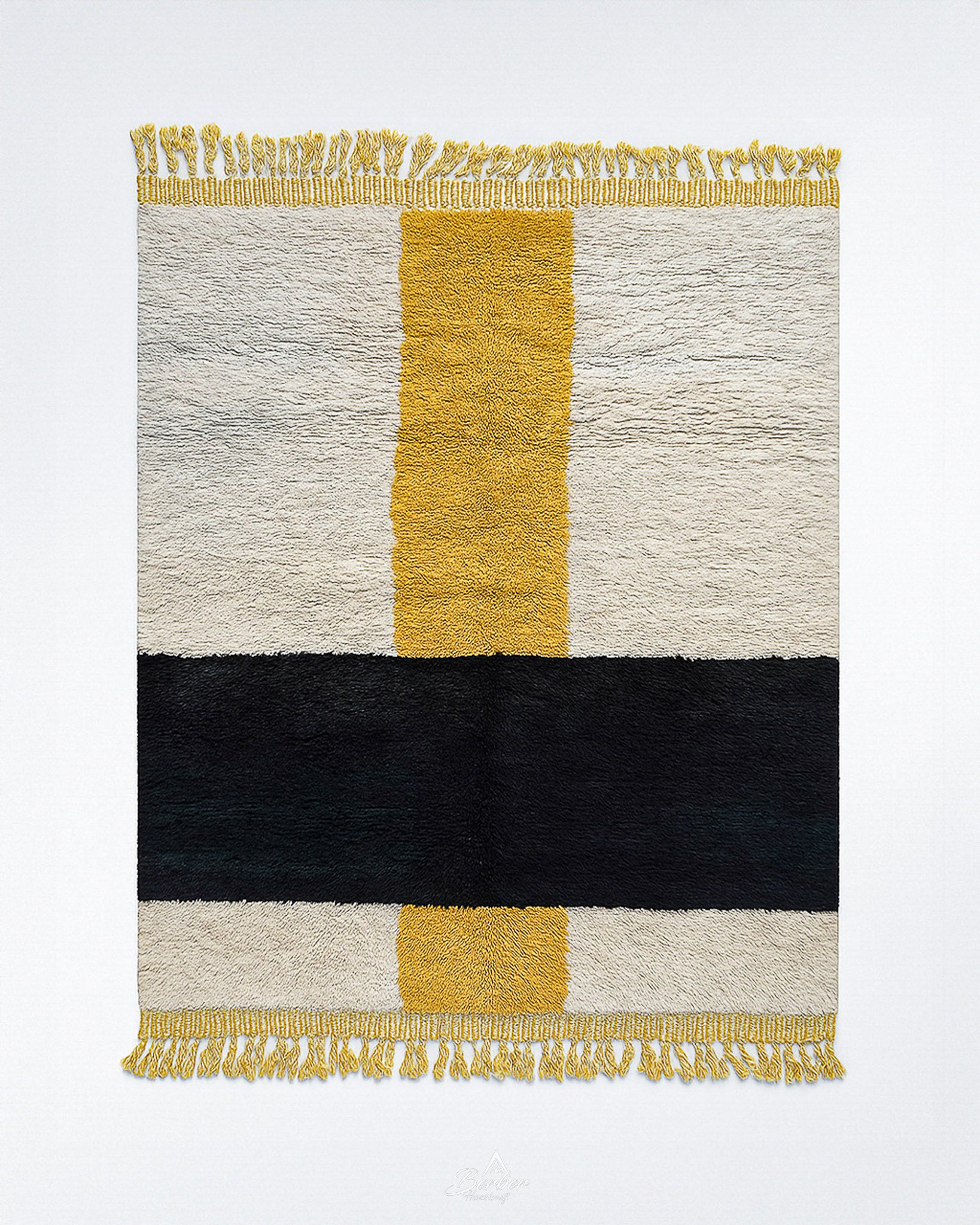 White Yellow Moroccan Rug 3 X 5 Ft | 90 X 150 Cm / With Tassels / Short (0.4” / 1 cm)