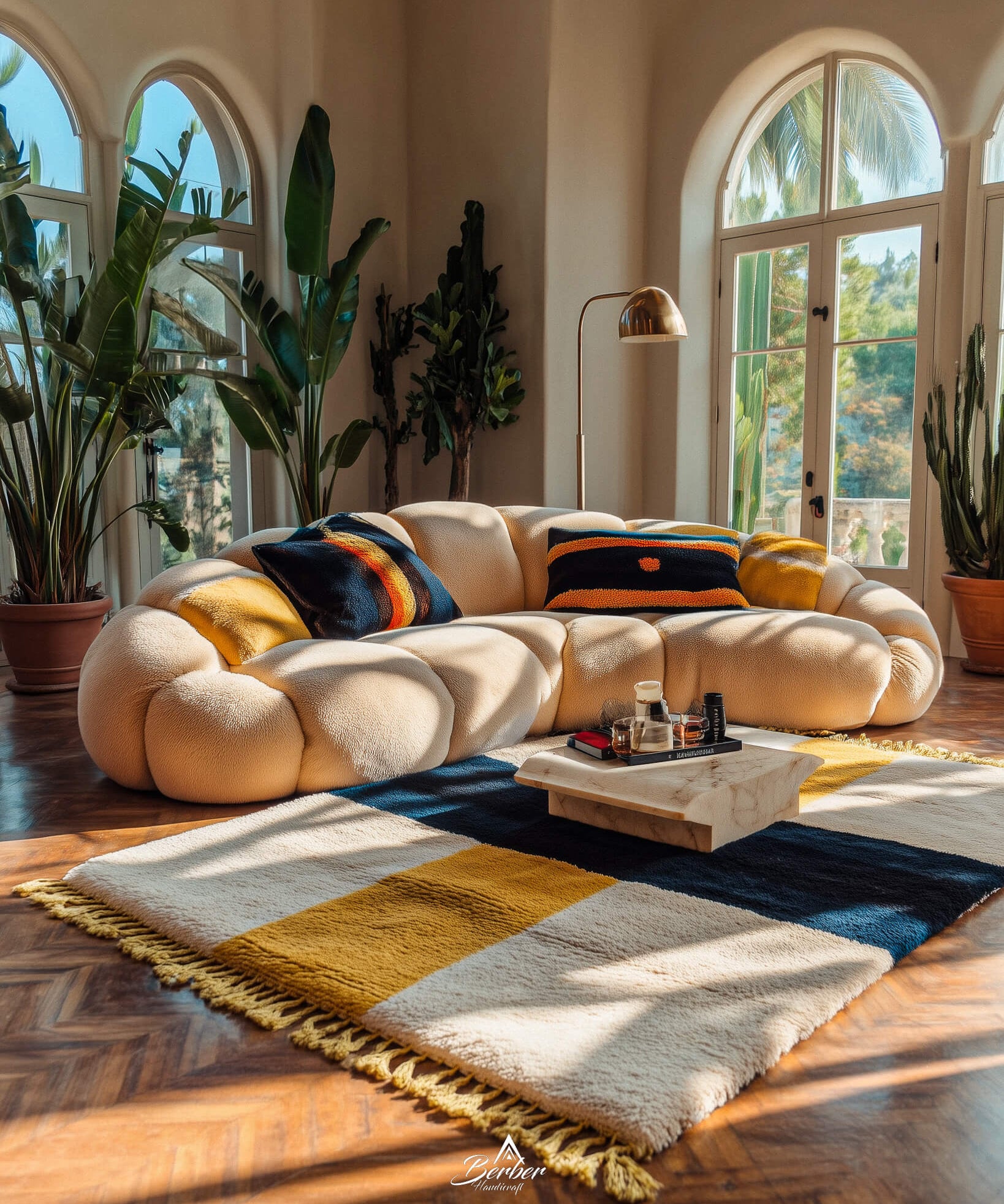 Modern living room with a sectional sofa, colorful pillows, and a patterned yellow moroccan rug.