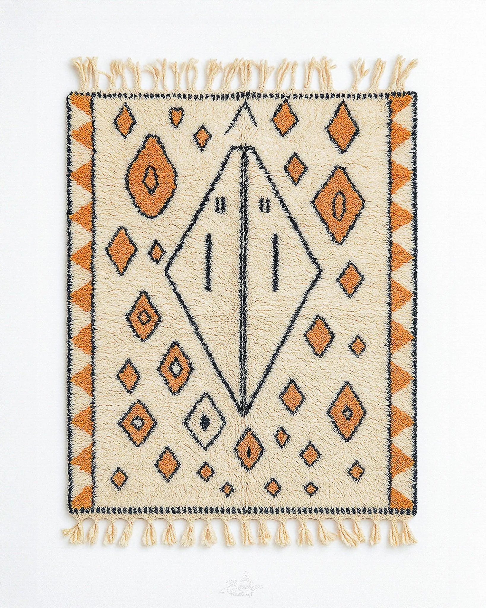 Orange Diamond Moroccan Rug 3 X 5 Ft | 90 X 150 Cm / With Tassels / Short (0.4” / 1 cm)