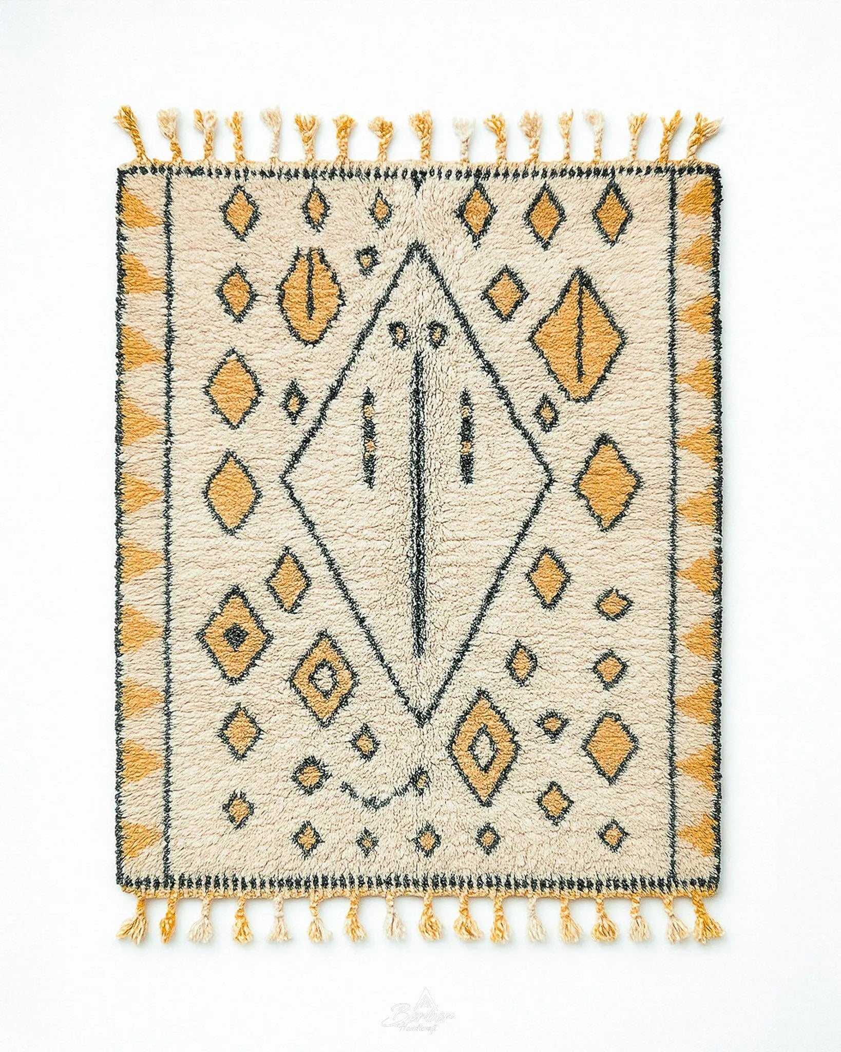 Yellow and White Tribal Rug 3 X 5 Ft | 90 X 150 Cm / With Tassels / Short (0.4” / 1 cm)