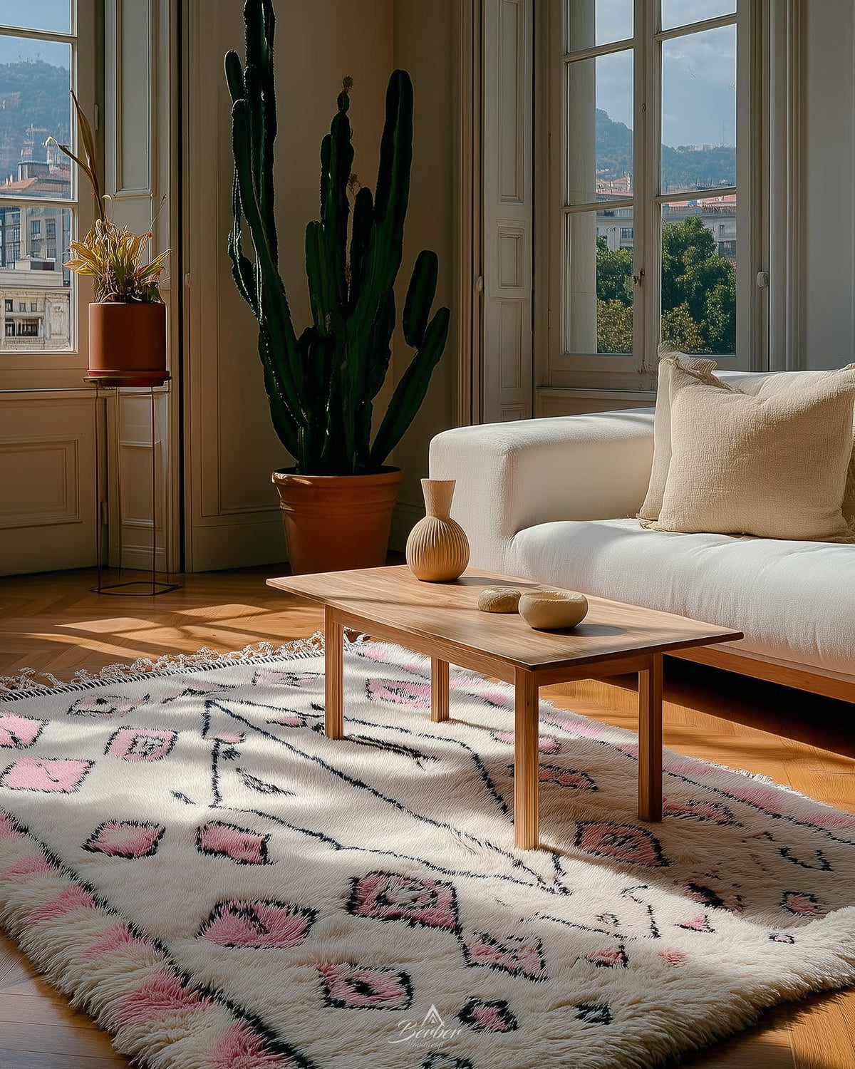 Pink and White Azilal Rug 3 X 5 Ft | 90 X 150 Cm / With Tassels / Short (0.4” / 1 cm)