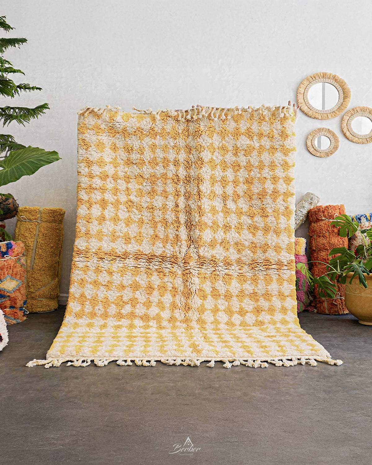 Yellow Checkered Moroccan Rug 3 X 5 Ft | 90 X 150 Cm / With Tassels / Short (0.4” / 1 cm)
