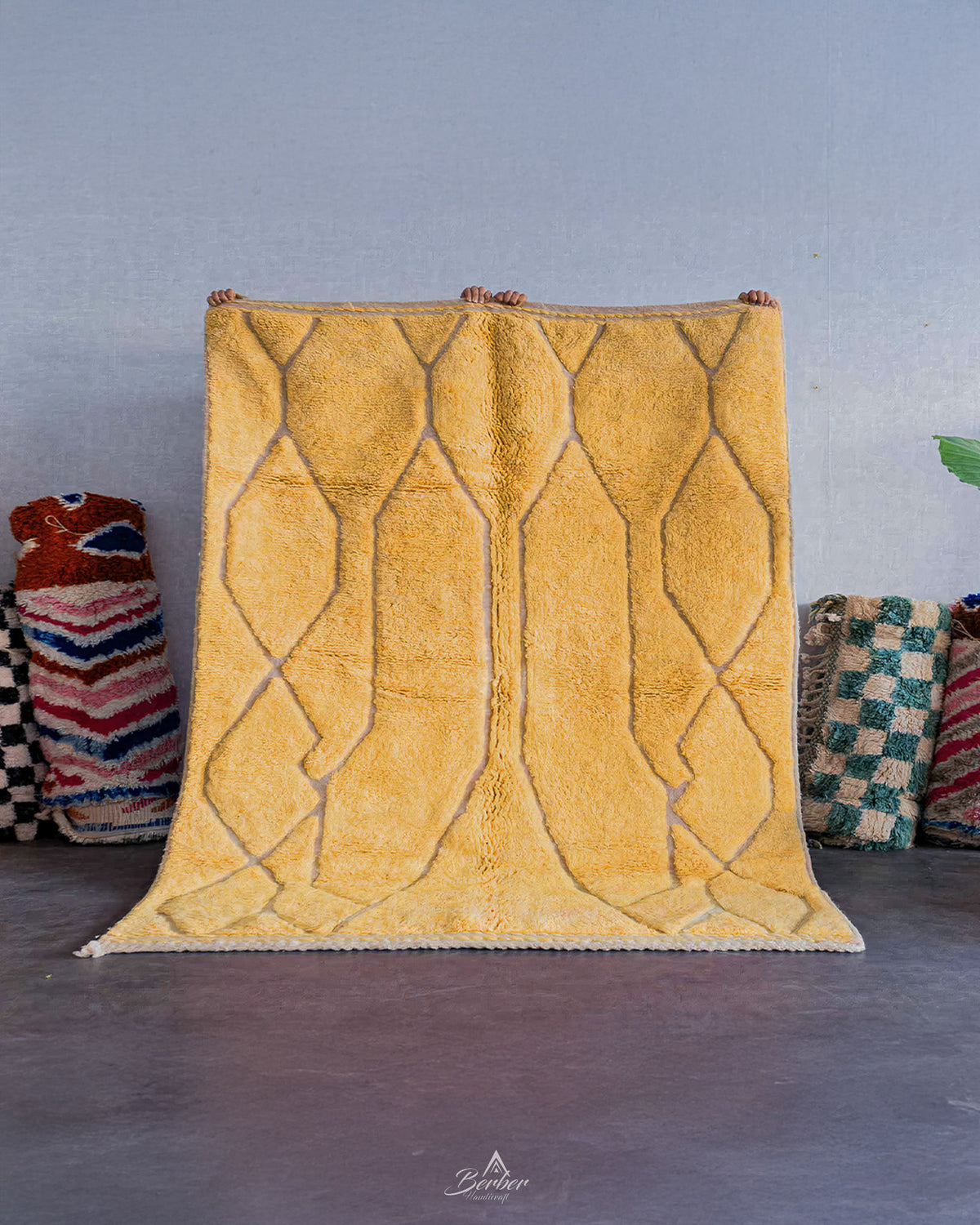 Yellow Beni Ourain Rug 3 X 5 Ft | 90 X 150 Cm / With Tassels / Short (0.4” / 1 cm)