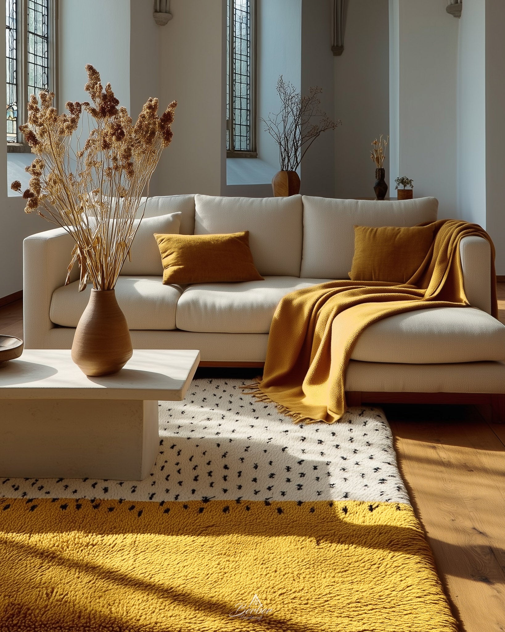 Yellow Boho Rug 3 X 5 Ft | 90 X 150 Cm / With Tassels / Short (0.4” / 1 cm)