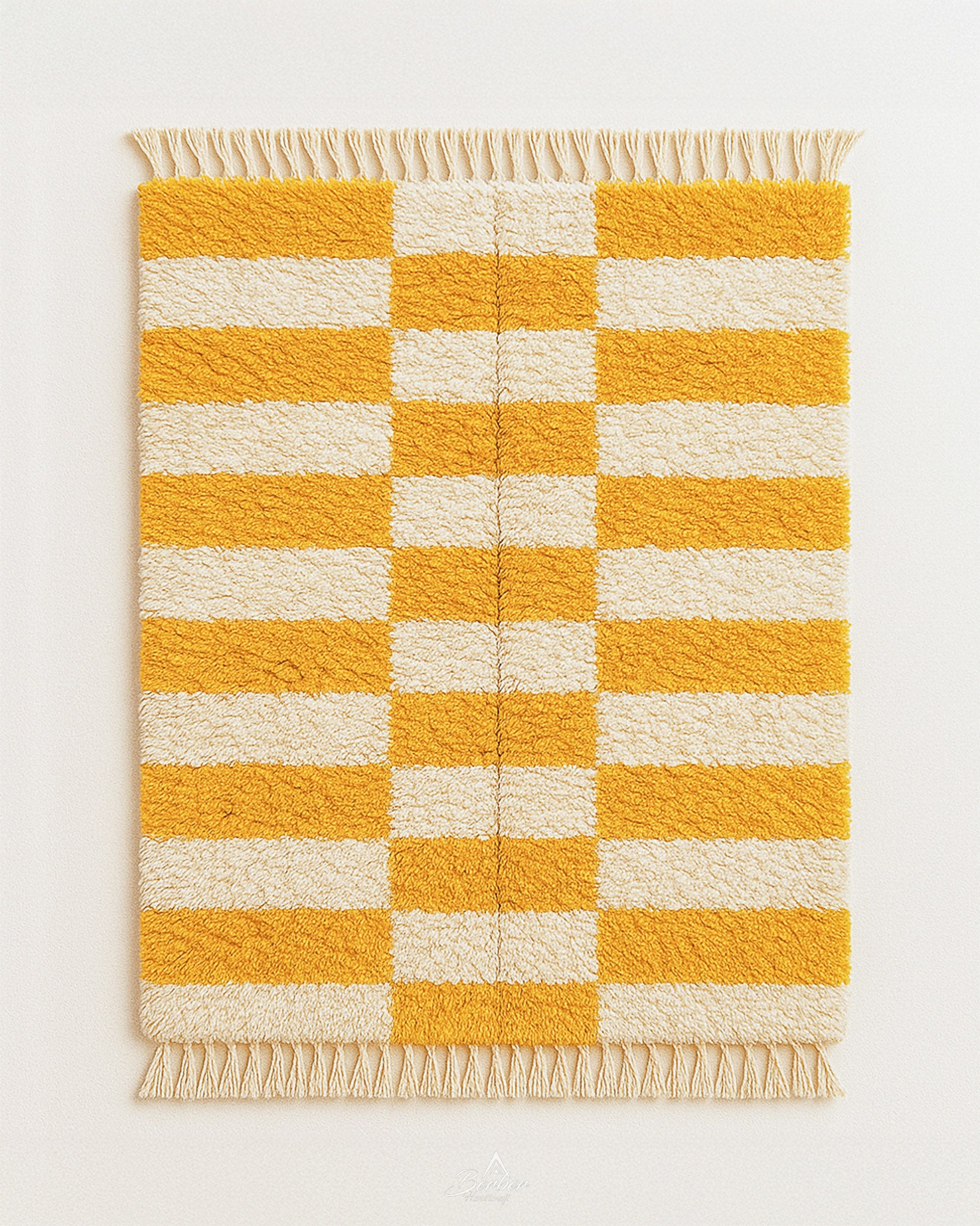 Yellow Checkered Carpet 3 X 5 Ft | 90 X 150 Cm / With Tassels / Short (0.4” / 1 cm)