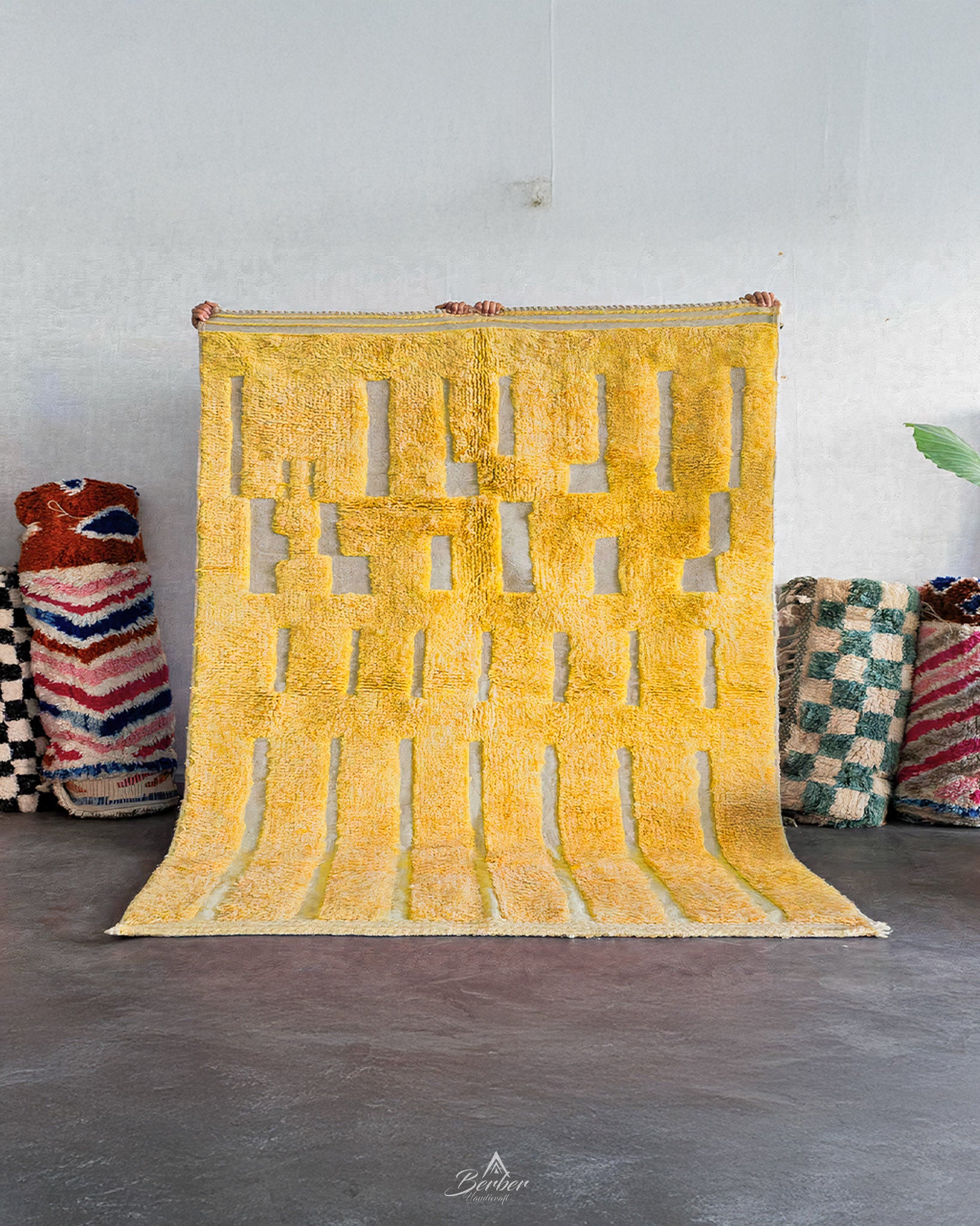 Yellow Moroccan Wool Rug 3 X 5 Ft | 90 X 150 Cm / With Tassels / Short (0.4” / 1 cm)