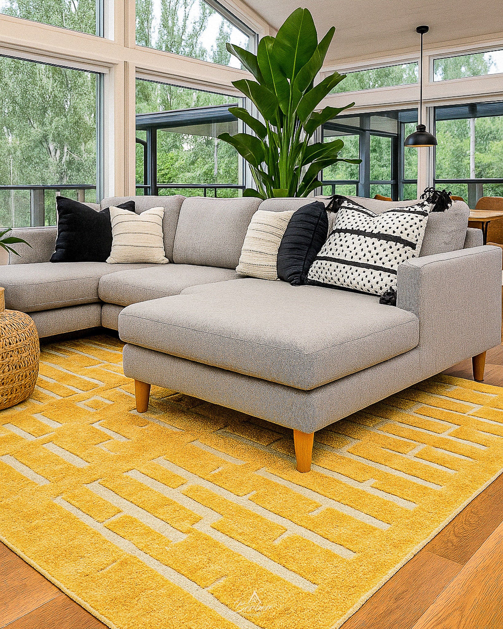 Yellow Moroccan Wool Rug 3 X 5 Ft | 90 X 150 Cm / With Tassels / Short (0.4” / 1 cm)