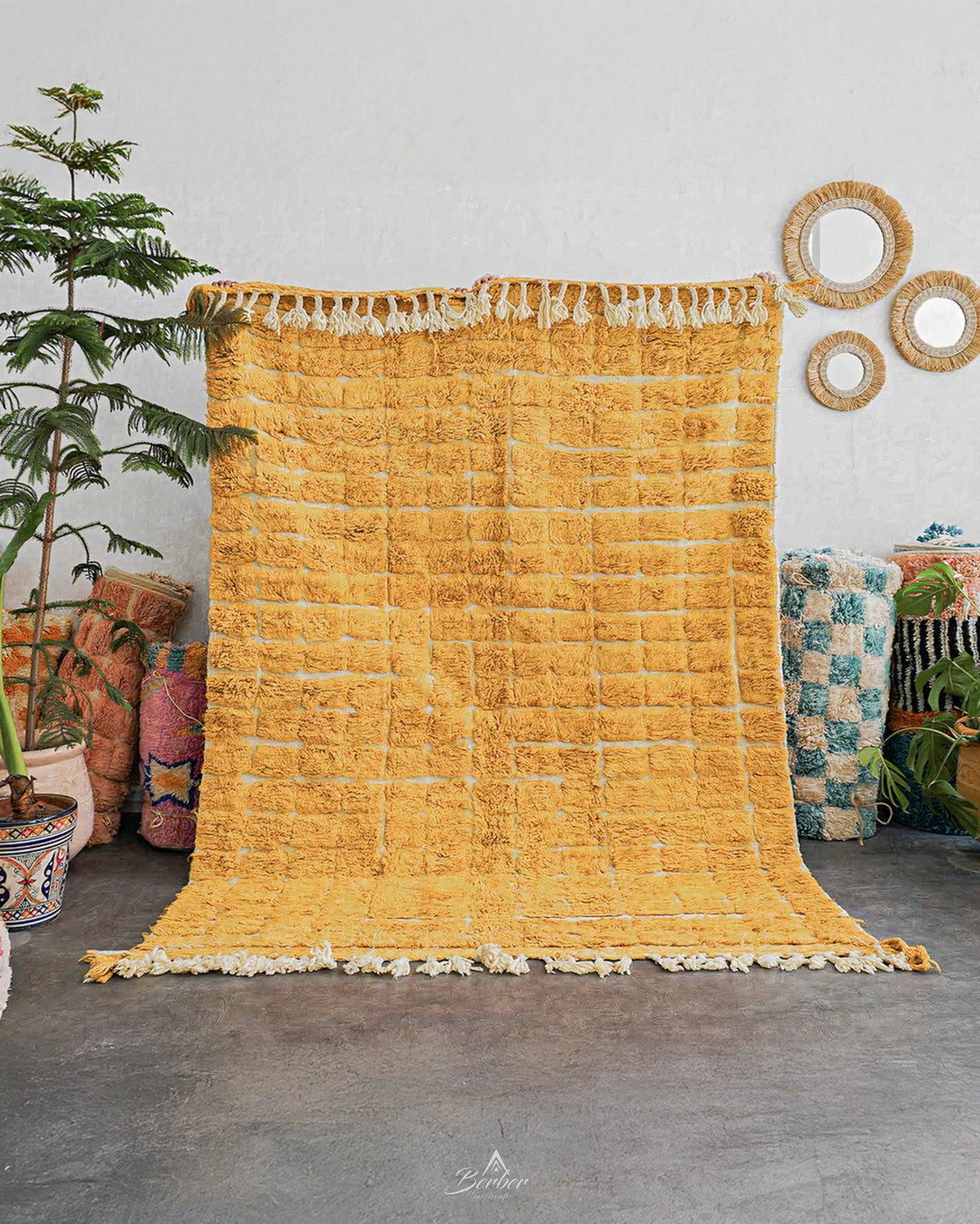 Yellow Morrocan Area Rug 3 X 5 Ft | 90 X 150 Cm / With Tassels / Short (0.4” / 1 cm)